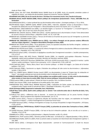études de l'Acsé, n°004.
BONNAL Liliane, avec ALET Elodie, BOUHMADI Rachid, FAVARD Pascal et alii (2009), Accès à la propriété, orientation scolaire et
inégalités de revenus : une analyse des discriminations, Rapport de recherche, Toulouse, GREMAQ,
BOUAMAMA Saïd (1994), Dix ans de marche des beurs. Chronique d'un mouvement avorté , Paris, Desclée de Brouwer.
BOUBEKER Ahmed, HAJJAT Abdellali (2008), Histoire politique des immigrations (post)coloniales : France, 1920-2008, Paris, éd.
Amsterdam.
BOUCHAREB Rachid (2011), « L'action syndicale face aux discriminations ethno-raciales », Sociologies pratiques, n° 23, p. 69-81.
BOUTRY-AVEZOU Virginie, SABATIER Colette, BRISSET Camille (2007), « Bien-être, adaptation sociale et discrimination à l'école :
Perception des adolescents issus de l'immigration », Revue francophone du stress et du trauma, vol.7, n°3, p.205-216.
BREVIGLIERI Marc, STAVO-DEBAUGE Joan (2004), « Les identités fragiles. La "jeunesse" et "l’immigration" », in Cicchelli-Pugeault C.,
Cicchelli V., Ragi T. (dir.) Ce que nous savons des jeunes, Paris, PUF.
BRINBAUM Yaël, CHAUVEL Séverine, TENRET Elise (2013), « Quelles expériences de la discrimination à l'école ? Entre dénonciation
du racisme et discours méritocratique », Migrations société, vol. 25, n°147-148.
BRINBAUM Yaël, GUEGNARD Christine (2012), « Parcours de formation et d’insertion des jeunes issus de l’immigration au prisme de
l’orientation », Formation emploi n°118.
BRINBAUM Yaël, MOGUEROU Laure, PRIMON Jean-Luc (2012), « Les enfants d’immigrés ont des parcours scolaires différenciés
selon leur origine migratoire », Immigrés et descendants d’immigrés en France, INSEE.
BRINBAUM Yaël, KIEFFER Annick (2005), « D’une génération à l’autre, les aspirations éducatives des familles immigrées : ambition et
persévérance », Education et formations, MEN, n°72, p.53-75
BRINBAUM Yaël, KIEFFER Annick (2009), « La scolarité des enfants d'immigrés de la sixième au baccalauréat. Diférences et polarisation
des parcours », Population, vol.3, n°64, p.561-610
BROCCHOLICHI Sylvain (1995), « Orientations et ségrégations nouvelles dans l'enseignement secondaire », Sociétés contemporaines,
n°21, p.15-27.
BROCCHOLICHI Sylvain, BEN AYED Choukri, TRANCART Danièle (2006), Les inégalités socio-spatiales d’éducation. Processus
ségrégatifs, capital social et politiques territoriales, Ministère de l'éducation nationale, DATAR.
BRUNEAU Valérie, CASTELLOTTI Véronique, DEBONO Marc, GOÏ Cécile, HUVER Emmanuelle (2012), « Langue(s) et insertion : quelles
relations, quelles orientations ? Autour d'une controverse : le FLI », Diversité-VEI, n°170, p.185-192
CALVES Gwénaële (2005), « "Blacks, Blancs, Beurs" dans la fonction publique : un débat mal engagé », Les Cahiers de la Fonction
publique, n°247, p.4-7.
CALVES Gwénaële (2008), « Sanctionner ou réguler. L’hésitation des politiques de lutte contre les discriminations », Informations
sociales, n°148, p.34-45.
CEDIEY Eric, FORONI Fabrice, ARNAUD Christian (coord.) (2007), Les discriminations à raison de "l'origine dans les embauches en
France" : Une enquête nationale par tests de discrimination selon la méthode du BIT, Genève, ISM-Corum/BIT.
CERRATO-DEBENEDETTI Marie-Christine (2013), Action publique sans problème public reconnu. La lute contre les discriminations
ethno-raciales en France dans les années 2000, Thèse de sciences politiques, Université Aix-Marseille.
CITRON Suzanne (1989), Le mythe national. L'Histoire de France en question, Paris, Les Editions Ouvrières
CHANET Jean-François (1996), L'école républicaine et les petites patries, Paris, Aubier.
CHRYSSOCHOOU Xénia, PICARD Maud, PRONINE Maroussia (1998), « Explications de l'échec scolaire. Les théories implicites des
enseignants selon l'origine sociale et culturelle de l'élève », Psychologie et Education, n°32, p.43-59.
COLAS Dominique (2004), Citoyenneté et nationalité, Paris, Folio/histoire.
Collectif Nous Autres (2013), Quelle action publique face au racisme ? Une recherche-action dans le Nord-Pas-de-Calais, Paris,
L'Harmatan.
CUTURELLO Paul (2011), « Diférences dans la diversité : le ressenti des discriminations par les jeunes hommes d’origine
maghrébine », Revue européenne des migrations internationales, vol. 27, n°3.
DE BERNY Corinne (2013), « Parcours et expériences d’études des franciliens selon leur origine, une exploitation de l’enquête
“trajectoires et origines” », Institut d'aménagement et d'urbanisme Ile-de-France.
DE RUDDER Véronique (2001), « Politique d'immigration en Europe. Du principe d'hospitalité à la règle d'inhospitalité », VEI-Enjeux,
n°125, p.24-33.
DE RUDDER Véronique, TRIPIER Maryse, VOURC’H François (1995), La prévention du racisme dans l'entreprise en France, URMISCNRS.
DE RUDDER Véronique, VOURC’H François (2006), « De haut en bas de la hiérarchie syndicale : dits et non-dits sur le racisme »,
Travailler, n°16, p.37-56.
DEBARBIEUX Eric (1992), « Violence et (dés)orientation », Migrants-Formation, vol.89, n°6, p.58-65.
DEBARBIEUX Eric, TICHIT Laurence (1997), « Ethnicité, punitions et efet classe : une étude de cas », Migrants-formation, n°109, p.138-154.
DECHARNE Marie-Noëlle, LIEDTS Eric (2007), Porter un prénom arabe ou musulman est-il discriminant dans l’enseignement supérieur ?,
Lille, ORES.
DHUME Fabrice (2010), « L’émergence d’une figure obsessionnelle : comment le “communautarisme” a envahi les discours

Rapport du groupe « Mobilités sociales »

Page 83/93

 