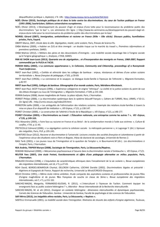 déqualification juridique », Asylon(s), n°4. URL : http://www.reseau-terra.eu/article764.html.
NOËL Olivier (2010), Sociologie politique de et dans la lute contre les discriminations. Au cœur de l'action publique en France
(1991-2006), Saarbrücken, Editions universitaires européennes.
NOËL Olivier (2013), « Développement du pouvoir d'agir et enjeux d'une lutte pour la reconnaissance du problème public des
discriminations "par le bas" », Les séminaires (En ligne :) http://www.les-seminaires.eu/developpement-du-pouvoir-dagir-etenjeux-dune-lutte-pour-la-reconnaissance-du-probleme-public-des-discriminations-par-le-bas/
NOIRIEL Gérard (2007), Immigration, antisémitisme et racisme en France (XIXe – XXe siècle). Discours publics, humiliations
privées, Paris, Fayard.
OBERTI Marco, 2007, L’école dans la ville. Ségrégation, mixité, carte scolaire, Paris, Presses de Science Po.
OKBA Mahrez (2009), « Habiter en ZUS et être immigré : un double risque sur le marché du travail », Premières informations et
premières synthèses, DARES.
OKBA Mahrez (2012), « Métiers des pères et des descendants d’immigrés : une mobilité sociale davantage liée à l’origine sociale
qu’à l’origine géographique », Analyses, n°058, DARES.
PAN KE SHON Jean-Louis (2013), Quarante ans de ségrégation… et d’incorporation des immigrés en France, 1968-2007, Rapport
commandité par le PUCA et l'ACSE.
PAREKH Bikhu (2002), « La commune appartenance », in Cohesion, Community and Citizenship, proceedings of a Runnymede
Trust Conference.
PAYET Jean-Paul (1992), « Civilités et ethnicité dans les collèges de banlieue : enjeux, résistances et dérives d'une action scolaire
territorialisée », Revue française de pédagogie, n°101, p.59-69.
PAYET Jean-Paul (1992b), « La connivence et le soupçon. Le dialogue école-famille à l'épreuve de l'ethnicité », Migrants-Formation,
p.82-97.
PAYET Jean-Paul (1995), Collèges de banlieue. Ethnographie d'un monde scolaire, Paris, Méridiens-Klincksieck.
PAYET Jean-Paul, SICOT François (1996), « Expérience collégienne et origine "ethnique". La civilité et la justice scolaire du point de vue
des élèves étrangers ou issus de l'immigration », Migrants-Formation, n°109, p.155-168.
PERRIN Evelyne (2008), Jeunes maghrébins de France. La place refusée, Paris, L'Harmattan.
PERROT Philipe (2006), « La discrimination systémique dans le système éducatif français », Cahiers de l'URMIS, Nice, URMIS, n°10-11.
[En ligne] URL : http://urmis.revues.org/index259.html.
PERROTON Joëlle (2000), « Les ambiguïtés de l'ethnicisation des relations scolaires. L’exemple des relations école-familles à travers la
mise en place d'un dispositif de médiation », VEI-Enjeux, n°121, p.130-147.
POIRET Christian (2000), « La construction de l'altérité à l'école de la République », VEI-Enjeux, n°121, p.148-177.
POIRET Christian (2003), « Discriminations au travail : L'Éducation nationale, une entreprise comme les autres ? », VEI -Enjeux,
n°135, p.149-163.
POLI Alexandra (2005), « Faire face au racisme en France et au Brésil : de la condamnation morale à l'aide aux victimes », Culture &
confits, n°59, p.11-45.
PRETECEILLE Edmond (2006), « La ségrégation contre la cohésion sociale : la métropole parisienne », in Lagrange Y. (dir.) L'épreuve
des inégalités, Paris, PUF, p.195-245.
QUINTERO Oscar (2012), Racisme et discrimination à l'université. Lectures croisées des sociétés française et colombienne à partir de
l'expérience vécue des étudiants noirs à Paris et Bogota, thèse de doctorat de sociologie, Université de Rennes 2.
RAGI Tarik (2001), « Les jeunes issus de l’immigration et la question de l’emploi », in Bourmammi.M (dir.). Les discriminations à
l’emploi, Paris, L’Harmattan.
REA Andréa, TRIPIER Maryse (2008), Sociologie de l’immigration, Paris, La Découverte/Repères.
REBZANI Mohamed (2000), « Mécanismes psychosociaux à l’oeuvre dans la discrimination raciale à l’embauche », VEI Enjeux, n°121.
REUTER Yves (2007), Une école Freinet, Fonctionnements et effets d’une pédagogie alternative en milieu populaire, Paris,
L’Harmatan.
RINAUDO Christian (1998), « L'imputation de caractéristiques ethniques dans l'encadrement de la vie scolaire », Revue européennes
des migrations internationales, vol.14, n°3, p.27-43.
ROHI David, BORDES-BENAYOUN Chantal, DELCROIX Catherine, LOCHAK Danièle (2002), Discriminations légales et précarité :
Algériens et Espagnols de France, Rapport de recherche, Université Le Mirail/CIREJED-Diasporas.
ROUX Christine (1991), « Même école même ambition. Etude comparée des aspirations scolaires et professionnelles de jeunes filles
d'origine maghrébine et de jeunes filles françaises de souche en classe de 3ème », Revue européenne des migrations
internationales, vol.7, n°1, p.151-161
SANCHEZ-MAZAS, Margarita, FERNANDEZ-IGLESIAS, R. (2011), « L'interculturel à l'épreuve de l'action. Comment équiper les
enseignants face au public scolaire hétérogène ? », Alterstice - Revue Internationale de la Recherche Interculturelle.
SANCHEZ-MAZAS, M. et alii (2012), Enseigner en contexte hétérogène : dimensions interculturelles et dynamiques psychosociales,
Carnets des Sciences de l’éducation, Genève : Université de Genève, Faculté de psychologie et des sciences de l'éducation.
SAFI Mirna (2013), Les inégalités ethno-raciales, Paris, La Découverte, « Repères ».
SANTELLI Emmanuelle (2001), La mobilité sociale dans l'immigration. Itinéraires de réussite des enfants d'origine algérienne, Toulouse,

Rapport du groupe « Mobilités sociales »

Page 86/93

 