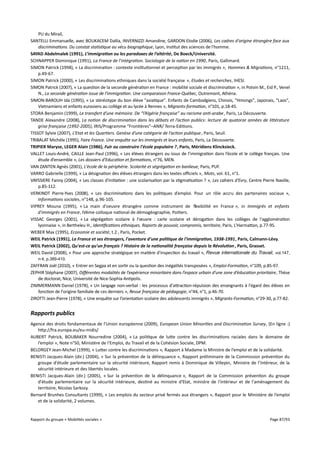 PU du Mirail,
SANTELLI Emmanuelle, avec BOUKACEM Dalila, INVERNIZZI Amandine, GARDON Elodie (2006), Les cadres d'origine étrangère face aux
discriminations. Du constat statistique au vécu biographique, Lyon, Institut des sciences de l'homme.
SAYAD Abdelmalek (1991), L’immigration ou les paradoxes de l’altérité, De Boeck/Université.
SCHNAPPER Dominique (1991), La France de l'intégration. Sociologie de la nation en 1990, Paris, Gallimard.
SIMON Patrick (1998), « La discrimination : contexte institutionnel et perception par les immigrés », Hommes & Migrations, n°1211,
p.49-67.
SIMON Patrick (2000), « Les discriminations ethniques dans la société française », Etudes et recherches, IHESI.
SIMON Patrick (2007), « La question de la seconde génération en France : mobilité sociale et discrimination », in Potvin M., Eid P., Venel
N., La seconde génération issue de l'immigration. Une comparaison France-Québec, Outremont, Athéna.
SIMON-BAROUH Ida (1995), « Le stéréotype du bon élève "asiatique". Enfants de Cambodgiens, Chinois, "Hmongs", Japonais, "Laos",
Vietnamiens et enfants eurasiens au collège et au lycée à Rennes », Migrants-formation, n°101, p.18-45.
STORA Benjamin (1999), Le transfert d’une mémoire. De “l’Algérie française” au racisme anti-arabe , Paris, La Découverte.
TANDE Alexandre (2008), La notion de discrimination dans les débats et l’action publics: lecture de quatorze années de litérature
grise française (1992-2005), IRIS/Programme “Frontières”–ANR/ Terra-Editions.
TISSOT Sylvie (2007), L’Etat et les Quartiers. Genèse d’une catégorie de l’action publique , Paris, Seuil.
TRIBALAT Michèle (1995), Faire France. Une enquête sur les immigrés et leurs enfants, Paris, La Découverte.
TRIPIER Maryse, LEGER Alain (1986), Fuir ou construire l'école populaire ?, Paris, Méridiens Klincksieck.
VALLET Louis-André, CAILLE Jean-Paul (1996), « Les élèves étrangers ou issus de l’immigration dans l’école et le collège français. Une
étude d’ensemble », Les dossiers d'Education et formations, n°76, MEN.
VAN ZANTEN Agnès (2001), L'école de la périphérie. Scolarité et ségrégation en banlieue, Paris, PUF.
VARRO Gabrielle (1999), « La désignation des élèves étrangers dans les textes ofciels », Mots, vol. 61, n°1.
VAYSSIERE Fanny (2004), « Les classes d'initiation : une scolarisation par la stigmatisation ? », Les cahiers d'Evry, Centre Pierre Naville,
p.85-112.
VERKINDT Pierre-Yves (2008), « Les discriminations dans les politiques d’emploi. Pour un rôle accru des partenaires sociaux »,
Informations sociales, n°148, p.96-105.
VIPREY Mouna (1995), « La main d'oeuvre étrangère comme instrument de flexibilité en France », in Immigrés et enfants
d'immigrés en France, IVème colloque national de démogéographie, Poitiers.
VISSAC Georges (2001), « La ségrégation scolaire à l'œuvre : carte scolaire et dérogation dans les collèges de l'agglomération
lyonnaise », in Bertheleu H., Identifcations ethniques. Raports de pouvoir, compromis, territoire, Paris, L'Harmattan, p.77-95.
WEBER Max (1995), Economie et société, t.2 , Paris, Pocket.
WEIL Patrick (1991), La France et ses étrangers, l'aventure d'une politique de l'immigration, 1938-1991, Paris, Calmann-Lévy.
WEIL Patrick (2002), Qu'est-ce qu'un français ? Histoire de la nationalité française depuis la Révolution , Paris, Grasset.
WEIL David (2008), « Pour une approche stratégique en matière d'inspection du travail », Revue internationale du Travail, vol.147,
n°4, p.389-410.

ZAFFRAN Joël (2010), « Entrer en Segpa et en sortir ou la question des inégalités transposées », Emploi-Formation, n°109, p.85-97.
ZEPHIR Stéphane (2007), Diférentes modalités de l’expérience minoritaire dans l’espace urbain d’une zone d’éducation prioritaire, Thèse
de doctorat, Nice, Université de Nice-Sophia Antipolis.
ZIMMERMANN Daniel (1978), « Un langage non-verbal : les processus d'attraction-répulsion des enseignants à l'égard des élèves en
fonction de l'origine familiale de ces derniers », Revue française de pédagogie, n°44, n°1, p.46-70.
ZIROTTI Jean-Pierre (1978), « Une enquête sur l’orientation scolaire des adolescents immigrés », Migrants-Formation, n°29-30, p.77-82.

Rapports publics
Agence des droits fondamentaux de l'Union européenne (2009), European Union Minorities and Discrimination Survey, (En ligne :)
http://fra.europa.eu/eu-midis/
AUBERT Patrick, BOUBAKER Nourredine (2004), « La politique de lutte contre les discriminations raciales dans le domaine de
l’emploi », Note n°50, Ministère de l’Emploi, du Travail et de la Cohésion Sociale, DPM.
BELORGEY Jean-Michel (1999), « Lutter contre les discriminations », Rapport à Madame la Ministre de l’emploi et de la solidarité.
BENISTI Jacques-Alain (dir.) (2004), « Sur la prévention de la délinquance », Rapport préliminaire de la Commission prévention du
groupe d'étude parlementaire sur la sécurité intérieure, Rapport remis à Dominique de Villepin, Ministre de l’Intérieur, de la
sécurité intérieure et des libertés locales.
BENISTI Jacques-Alain (dir.) (2005), « Sur la prévention de la délinquance », Rapport de la Commission prévention du groupe
d'étude parlementaire sur la sécurité intérieure, destiné au ministre d'Etat, ministre de l'intérieur et de l'aménagement du
territoire, Nicolas Sarkozy.
Bernard Brunhes Consultants (1999), « Les emplois du secteur privé fermés aux étrangers », Rapport pour le Ministère de l’emploi
et de la solidarité, 2 volumes.

Rapport du groupe « Mobilités sociales »

Page 87/93

 