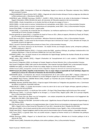 BERQUE Jacques (1985), L’immigration à l’École de la République, Rapport au ministre de l’Éducation nationale, Paris, CNDP/La
Documentation française.
CERRATO-DEBENEDETTI Marie-Christine YIGIT E. (2005), « Diagnostic de la discrimination ethnique à l’accès au stage pour des élèves de
la filière professionnelle », Villeurbanne, EQUAL PAVIE.
CHAINTREUIL Lydie, EPIPHANE Dominique, COUPPIE T., SULZER E. (2012), Entrée dans la vie active et discrimination à l'embauche,
Rapport d'évaluation, CEREQ, Ministère des sports, de la jeunesse, de l'éducation populaire et de la vie associative.
CNCDH (2008), « Etude et propositions sur la situation des Roms et des gens du voyage en France ».
CNCDH (2009), « La lutte contre le racisme, l'antisémitisme et la xénophobie, année 2008 », Paris, La Documentation française.
CNCDH (2010), « La lutte contre le racisme, l'antisémitisme et la xénophobie, année 2009 », Paris, La Documentation française.
Conseil d'Etat (2004), « Un siècle de laïcité », rapport public.
Deloitte (2010) , « La promotion de la diversité dans les entreprises. Les meilleures expériences en France et à l’étranger », Rapport
commandé par le Centre d'analyse stratégique.
Direction générale du travail (2012), « L’inspection du travail en France en 201 », Bilans et rapports, Ministère du Travail, de l’Emploi,
de la Formation professionnelle et du Dialogue social.
DULOT Alain et alii (2011), « Rapport de la concertation : Refondons l’école de la république », Paris, La Documentation française.
FAUROUX Roger (2005), « La lutte contre les discriminations ethniques dans le domaine de l'emploi », Paris, Ministère de l'emploi, de
la cohésion sociale et du logement.
FASILD, L'accueil à l'école des élèves primo-arrivants en France, Paris, La Documentation française.
GED (2000), « Une forme méconnue de discrimination : les emplois fermés aux étrangers (Secteur privé, entreprises publiques,
fonctions publiques) », Note n°1.
GOÏ Cécile, BRUGGEMAN Delphine (2013), « L'inclusion scolaire des EANA : questions d'éthique, de politique institutionnelle et de
pratiques didactiques », Actes du séminaire CASNAV des 3 et 4 avril 2013, Eduscol.
GOVINDA R (2009), « Vers une école inclusive et une amélioration de l'apprentissage. Synthèse des résultats d'études de cas menées
dans diférents pays », UNESCO.
GRENET Julien, FACK Gabrielle (2012), « Rapport d'évaluation de l'assouplissement de la carte scolaire », CEPREMAP, Ecole
d'économie de Paris.
Haut Conseil à l'Intégration (1992), Les étrangers et l'emploi, Rapport au Premier Ministre, Paris, La Documentation Française.
Haut Conseil à l'Intégration (1998), Luter contre les discriminations : faire respecter le principe d’égalité, Paris, La documentation française
HEBRARD Jean (2002), La mixité sociale à l'école et au collège, Rapport au ministre de l'Education nationale, Paris.
HERAN François (2002), Immigration, marché du travail, intégration, Rapport du séminaire du Commissariat général au plan.
HERAN François (dir.) (2010), Inégalités et discriminations. Pour un usage critique et responsable de l’outil statistique, Rapport du
comité pour la mesure de la diversité et l’évaluation des discriminations (COMEDD).
IGEN/IGAENR (2013), « Conséquence des mesures d'assouplissement de la carte scolaire après 2007 », Rapport à Monsieur le
ministre de l’Éducation nationale et Madame la ministre déléguée chargée de la réussite éducative, Rapport n°2013/037.
JOIN-LAMBERT Marie-Thérèse, LEMOINE Michel (1992), Enquête sur l’insertion des jeunes immigrés dans l’entreprise, Inspection
Générale des Afaires Sociales.
KARAMANLI Marietta, QUENTIN Didier (2013), « Projet de rapport d'information sur l’intégration des populations roms », Commission
des Afaires européennes, Assemblée nationale.
LANQUETIN M.-T. (2000), « La double discrimination à raison du sexe et de la race ou de l’origine ethnique, approche juridique »,
Service Droits des femmes/FASILD.
Ligue de l'enseignement (2012), « La laïcité pour faire société », (En ligne:) http://www.laligue.org/la-laicite-pour-faire-societe/
LONG Marceau (1997), « Le principe d’égalité et les étrangers », in Conseil d’Etat, Rapport public 1996. Sur le principe d’égalité,
Paris, La Documentation française.
OCDE (2006), « Points forts des élèves issus de l’immigration – une analyse comparative des performances et de l’engagement des
élèves dans PISA 2003 », PISA, Editions OCDE.
OCDE (2011), « Résultats du PISA 2009 : Surmonter le milieu social : L’égalité des chances et l’équité du rendement de l’apprentissage »,
PISA, Éditions OCDE.
REUTER Yves (dir.) (2011), « Rapport sur les expérimentations liées à l'article 34 de la loi d'orientation et de programme pour l'école de
2005 », Rapport remis au Haut Conseil de l’Éducation le 27 juin 2011, Université de Lille 3, Théodile-Cirel (EA 4354)
STASI Bernard (2004), « Vers la Haute autorité de lutte contre les discriminations et pour l'égalité », Paris, La Documentation française.
TOURET Alain (2012), « Rapport budgétaire relatif à la lutte contre les discriminations dans la Fonction publique », Assemblée nationale.
TUOT Thierry (2013), « La grande nation. Pour une société inclusive », Rapport au Premier ministre sur la refondation des politiques
d’intégration.
VERSINI Dominique (2004), « Rapport sur la diversité dans la Fonction publique », Ministère de la Fonction publique et de la
réforme de l’État.
VIVERET Patrick (1989), L’évaluation des politiques et des actions publiques , Paris, La Documentation française.

Rapport du groupe « Mobilités sociales »

Page 88/93

 