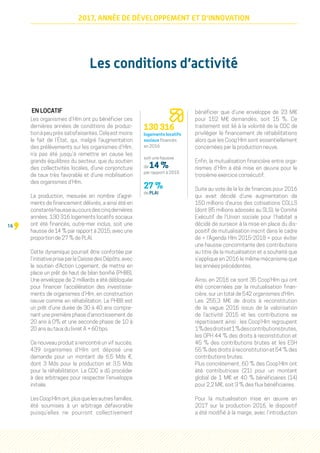 16
2017, ANNÉE DE DÉVELOPPEMENT ET D'INNOVATION
EN LOCATIF
Les organismes d’Hlm ont pu bénéficier ces
dernières années de conditions de produc-
tionàpeuprèssatisfaisantes.Celaestmoins
le fait de l’État, qui, malgré l’augmentation
des prélèvements sur les organismes d’Hlm,
n’a pas été jusqu’à remettre en cause les
grands équilibres du secteur, que du soutien
des collectivités locales, d’une conjoncture
de taux très favorable et d’une mobilisation
des organismes d’Hlm.
La production, mesurée en nombre d’agré-
ments de financement délivrés, a ainsi été en
constantehausseaucoursdescinqdernières
années. 130 316 logements locatifs sociaux
ont été financés, outre-mer inclus, soit une
hausse de 14 % par rapport à 2015, avec une
proportion de 27 % de PLAI.
Cette dynamique pourrait être confortée par
l’initiative prise par la Caisse des Dépôts, avec
le soutien d’Action Logement, de mettre en
place un prêt de haut de bilan bonifié (PHBB).
Une enveloppe de 2 milliards a été débloquée
pour financer l’accélération des investisse-
ments de organismes d’Hlm, en construction
neuve comme en réhabilitation. Le PHBB est
un prêt d’une durée de 30 à 40 ans compre-
nant une première phase d’amortissement de
20 ans à 0% et une seconde phase de 10 à
20 ans au taux du livret A + 60 bps.
Ce nouveau produit a rencontré un vif succès.
439 organismes d’Hlm ont déposé une
demande pour un montant de 6,5 Mds €,
dont 3 Mds pour la production et 3,5 Mds
pour la réhabilitation. La CDC a dû procéder
à des arbitrages pour respecter l’enveloppe
initiale.
Les Coop’Hlm ont, plus que les autres familles,
été soumises à un arbitrage défavorable
puisqu’elles ne pourront collectivement
bénéficier que d’une enveloppe de 23 M€
pour 152 M€ demandés, soit 15  %. Ce
traitement est lié à la volonté de la CDC de
privilégier le financement de réhabilitations
alors que les Coop’Hlm sont essentiellement
concernées par la production neuve.
Enfin, la mutualisation financière entre orga-
nismes d’Hlm a été mise en œuvre pour le
troisième exercice consécutif.
Suite au vote de la loi de finances pour 2016
qui avait décidé d’une augmentation de
150 millions d’euros des cotisations CGLLS
(dont 85 millions adossés au SLS), le Comité
Exécutif de l’Union sociale pour l’habitat a
décidé de surseoir à la mise en place du dis-
positif de mutualisation inscrit dans le cadre
de « l’Agenda Hlm 2015-2018 » pour éviter
une hausse concomitante des contributions
au titre de la mutualisation et a souhaité que
s’applique en 2016 le même mécanisme que
les années précédentes.
Ainsi, en 2016 ce sont 35 Coop'Hlm qui ont
été concernées par la mutualisation finan-
cière, sur un total de 542 organismes d'Hlm.
Les 255,3 M€ de droits à reconstitution
de la vague 2016 issus de la valorisation
de l’activité 2015 et les contributions se
répartissent ainsi : les Coop'Hlm regroupent
1 %desdroitset1 %descontributionsbrutes,
les OPH 44 % des droits à reconstitution et
45  % des contributions brutes et les ESH
55 % des droits à reconstitution et 54 % des
contributions brutes.
Plus concrètement, 60 % des Coop'Hlm ont
été contributrices (21) pour un montant
global de 1 M€ et 40  % bénéficiaires (14)
pour 2,2 M€, soit 3 % des flux bénéficiaires.
Pour la mutualisation mise en œuvre en
2017 sur la production 2016, le dispositif
a été modifié à la marge, avec l’introduction
Les conditions d’activité
130 316
logements locatifs
sociaux financés
en 2016
soit une hausse
de 14 %
par rapport à 2015
27 %
de PLAI
 