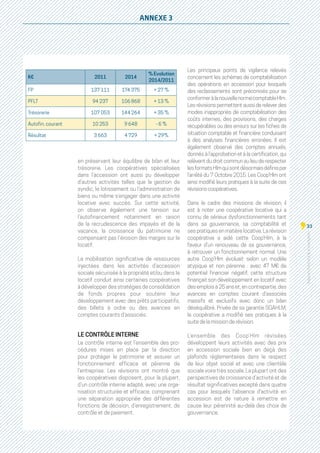 Rapportd'activitéd'orientation
33
ANNEXE 3
en préservant leur équilibre de bilan et leur
trésorerie. Les coopératives spécialisées
dans l’accession ont aussi pu développer
d’autres activités telles que la gestion de
syndic, le lotissement ou l’administration de
biens ou même s’engager dans une activité
locative avec succès. Sur cette activité,
on observe également une tension sur
l’autofinancement notamment en raison
de la recrudescence des impayés et de la
vacance, la croissance du patrimoine ne
compensant pas l’érosion des marges sur le
locatif.
La mobilisation significative de ressources
injectées dans les activités d’accession
sociale sécurisée à la propriété et/ou dans le
locatif conduit ainsi certaines coopératives
à développer des stratégies de consolidation
de fonds propres pour soutenir leur
développement avec des prêts participatifs,
des billets à ordre ou des avances en
comptes courants d’associés.
LE CONTRÔLE INTERNE
Le contrôle interne est l’ensemble des pro-
cédures mises en place par la direction
pour protéger le patrimoine et assurer un
fonctionnement efficace et pérenne de
l’entreprise. Les révisions ont montré que
les coopératives disposent, pour la plupart,
d’un contrôle interne adapté, avec une orga-
nisation structurée et efficace, comprenant
une séparation appropriée des différentes
fonctions de décision, d’enregistrement, de
contrôle et de paiement.
Les principaux points de vigilance relevés
concernent les schémas de comptabilisation
des opérations en accession pour lesquels
des reclassements sont préconisés pour se
conformeràlanouvellenormecomptableHlm.
Les révisions permettent aussi de relever des
modes inappropriés de comptabilisation des
coûts internes, des provisions, des charges
récupérables ou des erreurs sur les fiches de
situation comptable et financière conduisant
à des analyses financières erronées. Il est
également observé des comptes annuels,
donnés à l’approbation et à la certification, qui
relèvent du droit commun au lieu de respecter
lesformatsHlmquisontdésormaisdéfinispar
l’arrêté du 7 Octobre 2015. Les Coop’Hlm ont
ainsi modifié leurs pratiques à la suite de ces
révisions coopératives.
Dans le cadre des missions de révision, il
est à noter une coopérative locative qui a
connu de sérieux dysfonctionnements tant
dans sa gouvernance, sa comptabilité et
ses pratiques en matière locative. La révision
coopérative a aidé cette Coop’Hlm, à la
faveur d’un renouveau de sa gouvernance,
à retrouver un fonctionnement normal. Une
autre Coop’Hlm évoluait selon un modèle
atypique et non pérenne  : avec 47 M€ de
potentiel financier négatif, cette structure
finançait son développement en locatif avec
des emplois à 25 ans et, en contrepartie, des
avances en comptes courant d’associés
massifs et exclusifs avec donc un bilan
déséquilibré. Privée de sa garantie SGAHLM,
la coopérative a modifié ses pratiques à la
suite de la mission de révision.
L’ensemble des Coop’Hlm révisées
développent leurs activités avec des prix
en accession sociale bien en deçà des
plafonds règlementaires dans le respect
de leur objet social et avec une clientèle
sociale voire très sociale. La plupart ont des
perspectives de croissance d’activité et de
résultat significatives excepté dans quatre
cas pour lesquels l’absence d’activité en
accession est de nature à remettre en
cause leur pérennité au-delà des choix de
gouvernance.
K€ 2011 2014
% Evolution
2014/2011
FP 137 111 174 375 + 27 %
PFLT 94 237 106 868 + 13 %
Trésorerie 107 053 144 264 + 35 %
Autofin. courant 10 253 9 648 - 6 %
Résultat 3 663 4 729 + 29%
 