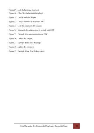 École Marocaine des Sciences de l’Ingénieur| Rapport de Stage 11
Figure 29 : Liste Bulletins de l'employé
Figure 30 : Filtres des Bulletins de l'employé
Figure 31 : Lots de bulletins de paie
Figure 32 : Lots de bulletins de paie/mars 2022
Figure 33 : Liste des virements des salaires
Figure 34 : Virements des salaires pour la période juin-2022
Figure 35 : Exemple d’un virement en format PDF
Figure 36 : La liste des congés
Figure 37 : Exemple d’une fiche du congé
Figure 38 : La liste des présences
Figure 39 : Exemple d’une fiche de la présence
 