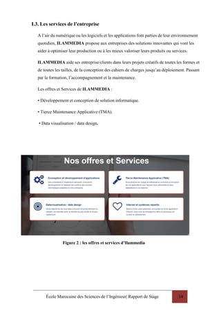 École Marocaine des Sciences de l’Ingénieur| Rapport de Stage 14
I.3. Les services de l’entreprise
A l’air du numérique ou les logiciels et les applications font parties de leur environnement
quotidien, ILAMMEDIA propose aux entreprises des solutions innovantes qui vont les
aider à optimiser leur production ou à les mieux valoriser leurs produits ou services.
ILAMMEDIA aide ses entreprise/clients dans leurs projets créatifs de toutes les formes et
de toutes les tailles, de la conception des cahiers de charges jusqu’au déploiement. Passant
par la formation, l’accompagnement et la maintenance.
Les offres et Services de ILAMMEDIA :
• Développement et conception de solution informatique.
• Tierce Maintenance Applicative (TMA).
• Data visualisation / data design.
Figure 2 : les offres et services d’Ilammedia
 