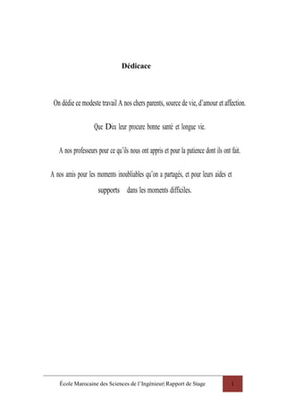 École Marocaine des Sciences de l’Ingénieur| Rapport de Stage 1
Dédicace
On dédie ce modeste travail A nos chers parents, source de vie, d’amour et affection.
Que Dieu leur procure bonne santé et longue vie.
A nos professeurs pour ce qu’ils nous ont appris et pour la patience dont ils ont fait.
A nos amis pour les moments inoubliables qu’on a partagés, et pour leurs aides et
supports dans les moments difficiles.
 