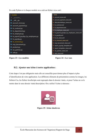 École Marocaine des Sciences de l’Ingénieur| Rapport de Stage 45
En code Python et à chaque module on a créé un fichier view.xml :
Figure 23 : Les modèles Figure 24 : Les vues
II.2. Ajouter une icône à notre application :
Cette étape n’est pas obligatoire mais elle est conseillée pour donner plus d’impact et plus
d’identification de votre application. Les différents éléments de présentation comme les images, les
fichiers Css, les fichier JavaScripts sont regroupés dans le dossier /static, et pour l’icône on va le
mettre dans le sous dossier /static/description. On a utilisé l’icône ci-dessous :
Figure 25 : Icône shoeleven
 