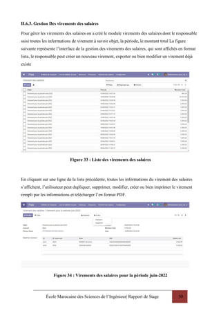 École Marocaine des Sciences de l’Ingénieur| Rapport de Stage 50
II.6.3. Gestion Des virements des salaires
Pour gérer les virements des salaires on a créé le module virements des salaires dont le responsable
saisi toutes les informations de virement à savoir objet, la période, le montant total La figure
suivante représente l’interface de la gestion des virements des salaires, qui sont affichés en format
liste, le responsable peut créer un nouveau virement, exporter ou bien modifier un virement déjà
existe
Figure 33 : Liste des virements des salaires
En cliquant sur une ligne de la liste précédente, toutes les informations du virement des salaires
s’affichent, l’utilisateur peut dupliquer, supprimer, modifier, créer ou bien imprimer le virement
rempli par les informations et télécharger l’en format PDF.
Figure 34 : Virements des salaires pour la période juin-2022
 
