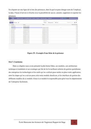 École Marocaine des Sciences de l’Ingénieur| Rapport de Stage 53
En cliquant sur une ligne de la liste des présences, dans là quel en peut changer nom de l’employé,
la date, l’heure d’arrivée et d'sortie avec la possibilité de sauver, annuler, supprimer et exporter les
présences.
Figure 39 : Exemple d’une fiche de la présence
II.6.7. Conclusion
Dans ce chapitre nous avons présenté la plat-forme Odoo, ses modules, son architecture
technique et modulaire et ses avantages qui fait de lui la meilleure solution de gestion quotidienne
des entreprises les technologies et les outils qu’on a utilisés pour mettre en place notre application,
ainsi les étapes qu’on a suivies pour créer notre module shoeleven, et les interfaces de gestion des
différents modèles de ce module. Grace à ce module le responsable peut gérer tous les départements
de l’entreprise facilement.
 