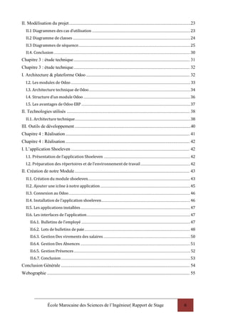 École Marocaine des Sciences de l’Ingénieur| Rapport de Stage 6
II. Modélisation du projet..........................................................................................................23
II.1 Diagrammes des cas d’utilisation .............................................................................................23
II.2 Diagramme de classes ...............................................................................................................24
II.3 Diagrammes de séquence..........................................................................................................25
II.4. Conclusion .................................................................................................................................30
Chapitre 3 : étude technique..................................................................................................... 31
Chapitre 3 : étude technique..................................................................................................... 32
I. Architecture & plateforme Odoo .......................................................................................... 32
I.2. Les modules de Odoo................................................................................................................. 33
I.3. Architecture technique de Odoo................................................................................................34
I.4. Structure d’un module Odoo .....................................................................................................36
I.5. Les avantages de Odoo ERP.......................................................................................................37
II. Technologies utilisés ........................................................................................................... 38
II.1. Architecture technique.............................................................................................................38
III. Outils de développement .....................................................................................................40
Chapitre 4 : Réalisation............................................................................................................ 41
Chapitre 4 : Réalisation............................................................................................................ 42
I. L’application Shoeleven ....................................................................................................... 42
I.1. Présentation de l’application Shoeleven ..................................................................................42
I.2. Préparation des répertoires et de l’environnement de travail...............................................42
II. Création de notre Module.................................................................................................... 43
II.1. Création du module shoeleven.................................................................................................43
II.2. Ajouter une icône à notre application .....................................................................................45
II.3. Connexion au Odoo...................................................................................................................46
II.4. Installation de l’application shoeleven....................................................................................46
II.5. Les applications installées........................................................................................................47
II.6. Les interfaces de l’application..................................................................................................47
II.6.1. Bulletins de l'employé .......................................................................................................47
II.6.2. Lots de bulletins de paie....................................................................................................48
II.6.3. Gestion Des virements des salaires ..................................................................................50
II.6.4. Gestion Des Absences........................................................................................................51
II.6.5. Gestion Présences.............................................................................................................. 52
II.6.7. Conclusion ..........................................................................................................................53
Conclusion Générale ................................................................................................................ 54
Webographie ............................................................................................................................ 55
 