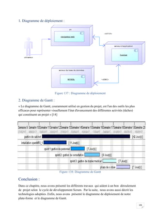 106
1. Diagramme de déploiement :
Figure 137 : Diagramme de déploiement
2. Diagramme de Gantt :
« Le diagramme de Gantt, couramment utilisé en gestion du projet, est l'un des outils les plus
efficaces pour représenter visuellement l'état d'avancement des différentes activités (tâches)
qui constituent un projet » [14]
Figure 138: Diagramme de Gantt
Conclusion :
Dans ce chapitre, nous avons présenté les différents travaux qui aident à un bon déroulement
de projet selon le cycle de développement Scrum. Par la suite, nous avons aussi décrit les
technologies adoptées .Enfin, nous avons présenté le diagramme de déploiement de notre
plate-forme et le diagramme de Gantt.
<HTTP>
<JDBC>
pc
navigateur web
serveur d'application
TomCat
serveur de base de données
MYSQL
utilisateur
106
1. Diagramme de déploiement :
Figure 137 : Diagramme de déploiement
2. Diagramme de Gantt :
« Le diagramme de Gantt, couramment utilisé en gestion du projet, est l'un des outils les plus
efficaces pour représenter visuellement l'état d'avancement des différentes activités (tâches)
qui constituent un projet » [14]
Figure 138: Diagramme de Gantt
Conclusion :
Dans ce chapitre, nous avons présenté les différents travaux qui aident à un bon déroulement
de projet selon le cycle de développement Scrum. Par la suite, nous avons aussi décrit les
technologies adoptées .Enfin, nous avons présenté le diagramme de déploiement de notre
plate-forme et le diagramme de Gantt.
<HTTP>
<JDBC>
pc
navigateur web
serveur d'application
TomCat
serveur de base de données
MYSQL
utilisateur
106
1. Diagramme de déploiement :
Figure 137 : Diagramme de déploiement
2. Diagramme de Gantt :
« Le diagramme de Gantt, couramment utilisé en gestion du projet, est l'un des outils les plus
efficaces pour représenter visuellement l'état d'avancement des différentes activités (tâches)
qui constituent un projet » [14]
Figure 138: Diagramme de Gantt
Conclusion :
Dans ce chapitre, nous avons présenté les différents travaux qui aident à un bon déroulement
de projet selon le cycle de développement Scrum. Par la suite, nous avons aussi décrit les
technologies adoptées .Enfin, nous avons présenté le diagramme de déploiement de notre
plate-forme et le diagramme de Gantt.
<HTTP>
<JDBC>
pc
navigateur web
serveur d'application
TomCat
serveur de base de données
MYSQL
utilisateur
 
