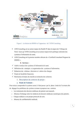 3
Figure1 : évolution du HIMSS et l’apparence de l’ATH Consulting
 ATH Consulting est un acteur majeur du Health IT dans la région de l’Afrique du
Nord. Aussi qu’ATH Consulting est un acteur majeur de la politique nationale des
systèmes d’information de santé.
 ATH Consulting est le premier membre africain du « Certified Consultant Program du
HIMSS ».
Services :
 Audit et analyse des systèmes d’information de santé.
 Définition des stratégies et organisation des systèmes d’information.
 Rédaction des schémas directeurs et cahiers des charges.
 Étude de faisabilité financière.
 Réalisation d’études du marché et recherche des solutions.
1. Description du contexte de projet :
a. Etude de l’existant :
Pour mieux comprendre le système actuel, il faut passer par la phase étude de l’existant afin
de dégager les problèmes du système existant et proposer une solution.
o Les traitements des dossiers médicaux de patient sont manuels.
o Absence d’échange entre les médecins de dossiers médicaux numériques des patients.
o Chaque médecin a son propre protocole de soin.
o Absence de confidentialité médicale.
3
Figure1 : évolution du HIMSS et l’apparence de l’ATH Consulting
 ATH Consulting est un acteur majeur du Health IT dans la région de l’Afrique du
Nord. Aussi qu’ATH Consulting est un acteur majeur de la politique nationale des
systèmes d’information de santé.
 ATH Consulting est le premier membre africain du « Certified Consultant Program du
HIMSS ».
Services :
 Audit et analyse des systèmes d’information de santé.
 Définition des stratégies et organisation des systèmes d’information.
 Rédaction des schémas directeurs et cahiers des charges.
 Étude de faisabilité financière.
 Réalisation d’études du marché et recherche des solutions.
1. Description du contexte de projet :
a. Etude de l’existant :
Pour mieux comprendre le système actuel, il faut passer par la phase étude de l’existant afin
de dégager les problèmes du système existant et proposer une solution.
o Les traitements des dossiers médicaux de patient sont manuels.
o Absence d’échange entre les médecins de dossiers médicaux numériques des patients.
o Chaque médecin a son propre protocole de soin.
o Absence de confidentialité médicale.
3
Figure1 : évolution du HIMSS et l’apparence de l’ATH Consulting
 ATH Consulting est un acteur majeur du Health IT dans la région de l’Afrique du
Nord. Aussi qu’ATH Consulting est un acteur majeur de la politique nationale des
systèmes d’information de santé.
 ATH Consulting est le premier membre africain du « Certified Consultant Program du
HIMSS ».
Services :
 Audit et analyse des systèmes d’information de santé.
 Définition des stratégies et organisation des systèmes d’information.
 Rédaction des schémas directeurs et cahiers des charges.
 Étude de faisabilité financière.
 Réalisation d’études du marché et recherche des solutions.
1. Description du contexte de projet :
a. Etude de l’existant :
Pour mieux comprendre le système actuel, il faut passer par la phase étude de l’existant afin
de dégager les problèmes du système existant et proposer une solution.
o Les traitements des dossiers médicaux de patient sont manuels.
o Absence d’échange entre les médecins de dossiers médicaux numériques des patients.
o Chaque médecin a son propre protocole de soin.
o Absence de confidentialité médicale.
 