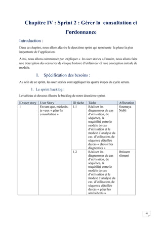 45
Chapitre IV : Sprint 2 : Gérer la consultation et
l’ordonnance
Introduction :
Dans ce chapitre, nous allons décrire le deuxième sprint qui représente la phase la plus
importante de l’application.
Ainsi, nous allons commencer par expliquer « les user stories ».Ensuite, nous allons faire
une description des scénarios de chaque histoire d’utilisateur et une conception initiale du
module.
I. Spécification des besoins :
Au sein de ce sprint, les user stories vont appliquer les quatre étapes du cycle scrum.
1. Le sprint backlog :
Le tableau ci-dessous illustre le backlog de notre deuxième sprint.
ID user story User Story ID tâche Tâche Affectation
1 En tant que, médecin,
je veux « gérer la
consultation »
1.1 Réaliser les
diagrammes du cas
d’utilisation, de
séquence, la
traçabilité entre le
modèle de cas
d’utilisation et le
modèle d’analyse du
cas d’utilisation, de
séquence détaillée
du cas « choisir les
diagnostics »
Soumaya
Nebli
1.2 Réaliser les
diagrammes du cas
d’utilisation, de
séquence, la
traçabilité entre le
modèle de cas
d’utilisation et le
modèle d’analyse du
cas d’utilisation, de
séquence détaillée
du cas « gérer les
antécédents »
Ibtissem
slimeni
 