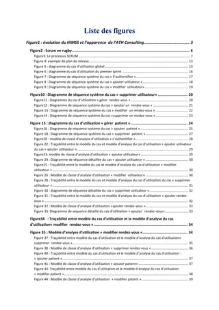 Liste des figures
Figure1 : évolution du HIMSS et l’apparence de l’ATH Consulting...................................... 3
Figure2 : Scrum en rugby........................................................................................................... 6
Figure3: Le processus SCRUM ........................................................................................................................ 7
Figure 4: exemple de plan de release........................................................................................................... 13
Figure 5 : diagramme du cas d’utilisation global.......................................................................................... 13
Figure 6 : diagramme du cas d’utilisation du premier sprint ....................................................................... 16
Figure 7 : Diagramme de séquence système du cas « S’authentifier »........................................................ 17
Figure 8 : Diagramme de séquence système du cas « ajouter utilisateur »................................................. 18
Figure 9 : Diagramme de séquence système du cas « modifier utilisateur»............................................... 19
Figure10 : Diagramme de séquence système du cas « supprimer utilisateur» ........................... 20
Figure11 : Diagramme du cas d’utilisation « gérer rendez-vous ».............................................................. 20
Figure12 : Diagramme de séquence système du cas « ajouter un rendez-vous » ...................................... 21
Figure 13 : Diagramme de séquence système du cas « modifier un rendez-vous » ................................... 22
Figure14 : Diagramme de séquence système du cas «supprimer un rendez-vous » ................................... 23
Figure 15 : diagramme du cas d’utilisation « gérer patient ».................................................... 24
Figure16 : Diagramme de séquence système du cas « ajouter patient ».................................................... 25
Figure 18 : Diagramme de séquence système du cas « supprimer patient ».............................................. 27
Figure20 : modèle de classe d’analyse d’utilisation « s’authentifier »......................................................... 28
Figure 22 : Traçabilité entre le modèle du cas et modèle d’analyse du cas d’utilisation « ajouter utilisateur
du cas « ajouter utilisateur »........................................................................................................................ 29
Figure23: modèle de classe d’analyse d’utilisation « ajouter utilisateur» ................................................... 29
Figure 24 : Diagramme de séquence détaillée du cas « ajouter utilisateur » .............................................. 30
Figure25 : Traçabilité entre le modèle du cas et modèle d’analyse du cas d’utilisation « modifier
utilisateur » .................................................................................................................................................. 30
Figure 26 : Modèle de classe d’analyse d’utilisation « modifier utilisateur» .............................................. 30
Figure 28 : Traçabilité entre le modèle du cas et modèle d’analyse du cas d’utilisation du cas « supprimer
utilisateur » .................................................................................................................................................. 31
Figure 30 : diagramme de séquence détaillée du cas « supprimer utilisateur ».......................................... 32
Figure 31 : Traçabilité entre le modèle du cas et modèle d’analyse du cas d’utilisation « ajouter rendez-
vous » ........................................................................................................................................................... 32
Figure 32 : Modèle de classe d’analyse d’utilisation «ajouter rendez-vous ».............................................. 33
Figure 33: Diagramme de séquence détaillé du cas d’utilisation « ajouter rendez-vous»......................... 33
Figure34 : Traçabilité entre modèle du cas d’utilisation et le modèle d’analyse du cas
d’utilisation« modifier rendez-vous »..................................................................................... 34
Figure 35 : Modèle d’analyse d’utilisation « modifier rendez-vous »......................................... 34
Figure 37 : Traçabilité entre modèle du cas d’utilisation et le modèle d’analyse du cas d’utilisation«
supprimer rendez-vous »............................................................................................................................. 35
Figure 38 : Modèle de classe d’analyse d’utilisation « supprimer rendez-vous »........................................ 36
Figure 40 : Traçabilité entre modèle du cas d’utilisation et le modèle d’analyse du cas d’utilisation :
« ajouter patient »........................................................................................................................................ 37
Figure 41 : Modèle de classe d’analyse d’utilisation « ajouter patient»...................................................... 37
Figure 43: Traçabilité entre modèle du cas d’utilisation et le modèle d’analyse du cas d’utilisation
« modifier patient »...................................................................................................................................... 38
Figure 44 : Modèle de classe d’analyse d’utilisation « modifier patient ».................................................. 39
 