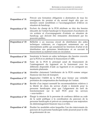 - 12 - REPENSER LE FINANCEMENT DU HANDICAP
POUR ACCOMPAGNER UNE SOCIÉTÉ INCLUSIVE
Proposition n° 31
Prévoir une formation obligatoire à destination de tous les
enseignants du premier et du second degré afin que ces
derniers soient sensibilisés à l’accompagnement d’élèves en
situation de handicap.
Proposition n° 32 Exclure du champ de la PCH attribuée au titre des besoins
éducatifs de l’enfant handicapé le financement d’auxiliaires de
vie scolaire et d’accompagnants d’enfants en situation de
handicap, qui doivent être rémunérés directement par les
pouvoirs publics.
Proposition n° 33 Réfléchir à un nouveau circuit de distribution des aides
techniques coûteuses, en s’appuyant notamment sur un
intermédiaire public qui assumerait les fonctions d’achat et de
distribution aux personnes bénéficiaires et en ouvrant le
financement au matériel remis en circulation.
Proposition n° 34 Soustraire le besoin en aides techniques des besoins couverts
par la PCH et en attribuer le financement à l’ARS.
Proposition n° 35 Faire de la PCH le principal canal de financement de
l’aménagement du logement en la fusionnant avec les
différents dispositifs d’aide au logement et en corrigeant ses
montants plafonnés.
Proposition n° 36 Identifier clairement l’attributaire de la PCH comme unique
financeur des frais de transport.
Proposition n° 37 Rapprocher l’AEEH de la PCH pour former une véritable
prestation de compensation des handicaps de l’enfant.
Proposition n° 38 Revêtir d’un impact normatif les recommandations relatives à
la liberté de choix du service d’aide à domicile pour la
personne handicapée ainsi que l’alignement du tarif de
fonctionnement sur le tarif PCH pour les services
« sous-tarifés ».
Proposition n° 39 Élargir la mission de la personne de confiance définie au code
de la santé publique à la coordination du parcours de la
personne handicapée et prévoir en conséquence une majoration
du dédommagement financier reçu à ce titre.
Proposition n° 40 Étudier les modalités selon lesquelles l’un des intervenants du
parcours de la personne handicapée isolée pourrait jouer le rôle
de gestionnaire de cas.
 