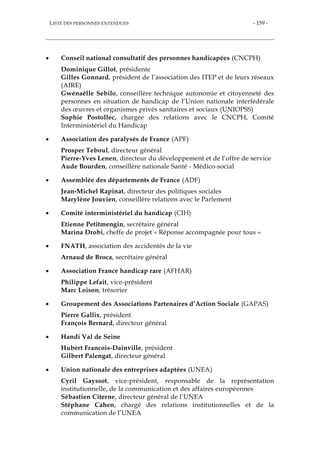 LISTE DES PERSONNES ENTENDUES - 159 -
 Conseil national consultatif des personnes handicapées (CNCPH)
Dominique Gillot, présidente
Gilles Gonnard, président de l’association des ITEP et de leurs réseaux
(AIRE)
Gwénaëlle Sebilo, conseillère technique autonomie et citoyenneté des
personnes en situation de handicap de l’Union nationale interfédérale
des œuvres et organismes privés sanitaires et sociaux (UNIOPSS)
Sophie Postollec, chargée des relations avec le CNCPH, Comité
Interministériel du Handicap
 Association des paralysés de France (APF)
Prosper Teboul, directeur général
Pierre-Yves Lenen, directeur du développement et de l’offre de service
Aude Bourden, conseillère nationale Santé - Médico-social
 Assemblée des départements de France (ADF)
Jean-Michel Rapinat, directeur des politiques sociales
Marylène Jouvien, conseillère relations avec le Parlement
 Comité interministériel du handicap (CIH)
Etienne Petitmengin, secrétaire général
Marina Drobi, cheffe de projet « Réponse accompagnée pour tous »
 FNATH, association des accidentés de la vie
Arnaud de Broca, secrétaire général
 Association France handicap rare (AFHAR)
Philippe Lefait, vice-président
Marc Loison, trésorier
 Groupement des Associations Partenaires d’Action Sociale (GAPAS)
Pierre Gallix, président
François Bernard, directeur général
 Handi Val de Seine
Hubert Francois-Dainville, président
Gilbert Palengat, directeur général
 Union nationale des entreprises adaptées (UNEA)
Cyril Gayssot, vice-président, responsable de la représentation
institutionnelle, de la communication et des affaires européennes
Sébastien Citerne, directeur général de l’UNEA
Stéphane Cahen, chargé des relations institutionnelles et de la
communication de l’UNEA
 