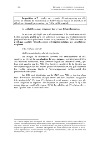 - 34 - REPENSER LE FINANCEMENT DU HANDICAP
POUR ACCOMPAGNER UNE SOCIÉTÉ INCLUSIVE
Proposition n° 5 : rendre aux conseils départementaux un rôle
décisif en matière de planification de l’offre médico-sociale en amplifiant le
rôle des schémas départementaux de l’offre médico-sociale.
3. L’affaiblissement progressif des leviers de transformation
Le recours privilégié par le Gouvernement à la transformation de
l’offre existante plutôt qu’à son extension s’explique par l’affaiblissement
progressif des trois principaux leviers du dynamisme de l’offre que sont la
politique salariale, l’investissement et le régime juridique des installations
de places.
a) La politique salariale
(1) Une revalorisation salariale trop limitée
Les marges de manœuvre ouvertes aux établissements et aux
services, au titre de la reconduction de leurs moyens, sont étroitement liées
aux dotations financières, dites dotations régionales limitatives (DRL), qui
leur sont versées par les ARS. Ces dernières résultent de la division en
enveloppes régionales de l’objectif global de dépenses (OGD), qui rassemble
les crédits nationaux dédiés à l’accompagnement médico-social des
personnes handicapées1.
Les DRL sont distribuées par la CNSA aux ARS en fonction d’un
taux d’évolution déterminé chaque année par une circulaire budgétaire
interministérielle2. Ce taux d’évolution est censé assurer la couverture de
deux catégories de dépenses : les dépenses de personnel (pour 75 %) et les
autres dépenses matérielles (pour 25 %). Les chiffres de l’évolution de ce
taux figurent dans le tableau ci-après.
1 L’OGD se compose pour sa majorité des crédits de l’assurance maladie réunis dans l’objectif de
dépenses d’assurance maladie (Ondam) médico-social et plusieurs recettes fiscales affectées à la CNSA.
2 Le taux d’évolution n’entre dans le calcul de la DRL que pour sa part liée à la reconduction des
moyens de l’offre existante. Ce montant est augmenté des crédits destinés aux créations de places,
dont la répartition est indépendamment décidée par les plans nationaux, ainsi que des crédits non
reconductibles, dont il sera question plus loin.
 