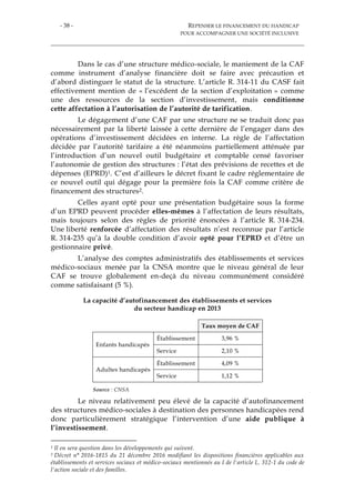 - 38 - REPENSER LE FINANCEMENT DU HANDICAP
POUR ACCOMPAGNER UNE SOCIÉTÉ INCLUSIVE
Dans le cas d’une structure médico-sociale, le maniement de la CAF
comme instrument d’analyse financière doit se faire avec précaution et
d’abord distinguer le statut de la structure. L’article R. 314-11 du CASF fait
effectivement mention de « l’excédent de la section d’exploitation » comme
une des ressources de la section d’investissement, mais conditionne
cette affectation à l’autorisation de l’autorité de tarification.
Le dégagement d’une CAF par une structure ne se traduit donc pas
nécessairement par la liberté laissée à cette dernière de l’engager dans des
opérations d’investissement décidées en interne. La règle de l’affectation
décidée par l’autorité tarifaire a été néanmoins partiellement atténuée par
l’introduction d’un nouvel outil budgétaire et comptable censé favoriser
l’autonomie de gestion des structures : l’état des prévisions de recettes et de
dépenses (EPRD)1. C’est d’ailleurs le décret fixant le cadre réglementaire de
ce nouvel outil qui dégage pour la première fois la CAF comme critère de
financement des structures2.
Celles ayant opté pour une présentation budgétaire sous la forme
d’un EPRD peuvent procéder elles-mêmes à l’affectation de leurs résultats,
mais toujours selon des règles de priorité énoncées à l’article R. 314-234.
Une liberté renforcée d’affectation des résultats n’est reconnue par l’article
R. 314-235 qu’à la double condition d’avoir opté pour l’EPRD et d’être un
gestionnaire privé.
L’analyse des comptes administratifs des établissements et services
médico-sociaux menée par la CNSA montre que le niveau général de leur
CAF se trouve globalement en-deçà du niveau communément considéré
comme satisfaisant (5 %).
La capacité d’autofinancement des établissements et services
du secteur handicap en 2013
Taux moyen de CAF
Enfants handicapés
Établissement 3,96 %
Service 2,10 %
Adultes handicapés
Établissement 4,09 %
Service 1,12 %
Source : CNSA
Le niveau relativement peu élevé de la capacité d’autofinancement
des structures médico-sociales à destination des personnes handicapées rend
donc particulièrement stratégique l’intervention d’une aide publique à
l’investissement.
1 Il en sera question dans les développements qui suivent.
2 Décret n° 2016-1815 du 21 décembre 2016 modifiant les dispositions financières applicables aux
établissements et services sociaux et médico-sociaux mentionnés au I de l'article L. 312-1 du code de
l'action sociale et des familles.
 