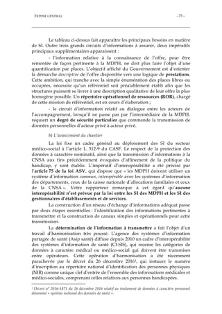 EXPOSÉ GÉNÉRAL - 75 -
Le tableau ci-dessus fait apparaître les principaux besoins en matière
de SI. Outre trois grands circuits d’informations à assurer, deux impératifs
principaux supplémentaires apparaissent :
- l’information relative à la connaissance de l’offre, pour être
remontée de façon pertinente à la MDPH, ne doit plus faire l’objet d’une
quantification par places. L’objectif affiché du Gouvernement est d’orienter
la démarche descriptive de l’offre disponible vers une logique de prestations.
Cette ambition, qui tranche avec la simple énumération des places libres ou
occupées, nécessite qu’un référentiel soit préalablement établi afin que les
structures puissent se livrer à une description qualitative de leur offre la plus
homogène possible. Un répertoire opérationnel de ressources (ROR), chargé
de cette mission de référentiel, est en cours d’élaboration ;
- le circuit d’information relatif au dialogue entre les acteurs de
l’accompagnement, lorsqu’il ne passe pas par l’intermédiaire de la MDPH,
requiert un degré de sécurité particulier que commande la transmission de
données personnelles d’acteur privé à acteur privé.
b) L’avancement du chantier
La loi fixe un cadre général au déploiement des SI du secteur
médico-social à l’article L. 312-9 du CASF. Le respect de la protection des
données à caractère nominatif, ainsi que la transmission d’informations à la
CNSA aux fins précédemment évoquées d’affinement de la politique du
handicap, y sont établis. L’impératif d’interopérabilité a été précisé par
l’article 75 de la loi ASV, qui dispose que « les MDPH doivent utiliser un
système d’information commun, interopérable avec les systèmes d’information
des départements, ceux de la caisse nationale d’allocations familiales et ceux
de la CNSA ». Votre rapporteur remarque à cet égard qu’aucune
interopérabilité n’est prévue par la loi entre les SI des MDPH et les SI des
gestionnaires d’établissements et de services.
La construction d’un réseau d’échange d’informations adéquat passe
par deux étapes essentielles : l’identification des informations pertinentes à
transmettre et la construction de canaux simples et opérationnels pour cette
transmission.
La détermination de l’information à transmettre a fait l’objet d’un
travail d’harmonisation très poussé. L’agence des systèmes d’information
partagée de santé (Asip santé) diffuse depuis 2010 un cadre d’interopérabilité
des systèmes d’information de santé (CI-SIS), qui recense les catégories de
données à caractère médical ou médico-social qui doivent être transmises
entre opérateurs. Cette opération d’harmonisation a été récemment
parachevée par le décret du 26 décembre 20161, qui instaure le numéro
d’inscription au répertoire national d’identification des personnes physiques
(NIR) comme unique clef d’entrée de l’ensemble des informations médicales et
médico-sociales, comprenant celles relatives aux personnes handicapées.
1 Décret n° 2016-1871 du 26 décembre 2016 relatif au traitement de données à caractère personnel
dénommé « système national des données de santé ».
 