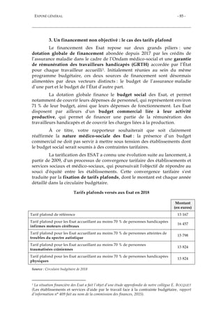 EXPOSÉ GÉNÉRAL - 85 -
3. Un financement non objectivé : le cas des tarifs plafond
Le financement des Esat repose sur deux grands piliers : une
dotation globale de financement abondée depuis 2017 par les crédits de
l’assurance maladie dans le cadre de l’Ondam médico-social et une garantie
de rémunération des travailleurs handicapés (GRTH) accordée par l’État
pour chaque travailleur accueilli1. Initialement réunies au sein du même
programme budgétaire, ces deux sources de financement sont désormais
alimentées par deux vecteurs distincts : le budget de l’assurance maladie
d’une part et le budget de l’État d’autre part.
La dotation globale finance le budget social des Esat, et permet
notamment de couvrir leurs dépenses de personnel, qui représentent environ
71 % de leur budget, ainsi que leurs dépenses de fonctionnement. Les Esat
disposent par ailleurs d'un budget commercial liée à leur activité
productive, qui permet de financer une partie de la rémunération des
travailleurs handicapés et de couvrir les charges liées à la production.
À ce titre, votre rapporteur souhaiterait que soit clairement
réaffirmée la nature médico-sociale des Esat : la présence d’un budget
commercial ne doit pas servir à mettre sous tension des établissements dont
le budget social serait soumis à des contraintes tarifaires.
La tarification des ESAT a connu une évolution suite au lancement, à
partir de 2009, d'un processus de convergence tarifaire des établissements et
services sociaux et médico-sociaux, qui poursuivait l'objectif de répondre au
souci d'équité entre les établissements. Cette convergence tarifaire s'est
traduite par la fixation de tarifs plafonds, dont le montant est chaque année
détaillé dans la circulaire budgétaire.
Tarifs plafonds versés aux Esat en 2018
Montant
(en euros)
Tarif plafond de référence 13 167
Tarif plafond pour les Esat accueillant au moins 70 % de personnes handicapées
infirmes moteurs cérébraux
16 457
Tarif plafond pour les Esat accueillant au moins 70 % de personnes atteintes de
troubles du spectre autistique
15 798
Tarif plafond pour les Esat accueillant au moins 70 % de personnes
traumatisées crâniennes
13 824
Tarif plafond pour les Esat accueillant au moins 70 % de personnes handicapées
physiques
13 824
Source : Circulaire budgétaire de 2018
1 La situation financière des Esat a fait l’objet d’une étude approfondie de notre collègue E. BOCQUET
(Les établissements et services d'aide par le travail face à la contrainte budgétaire, rapport
d’information n° 409 fait au nom de la commission des finances, 2015).
 