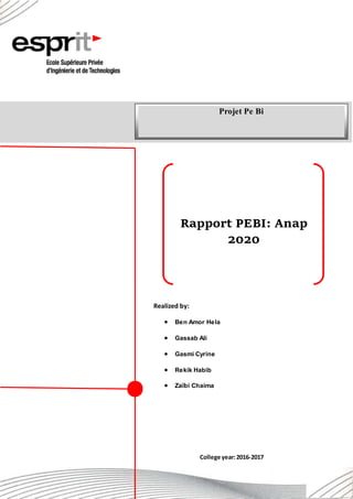 Rapport PEBI: Anap
2020
Realized by:
 Ben Amor Hela
 Gassab Ali
 Gasmi Cyrine
 Rekik Habib
 Zaïbi Chaima
College year:2016-2017
Projet Pe Bi
 