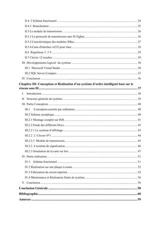 II.4 .2 Schéma fonctionnel............................................................................................................. 24
II.4.3 Branchement....................................................................................................................... 25
II.5 Le module de transmission ..................................................................................................... 26
II.5.1 Le protocole de transmission sans fil Zigbee....................................................................... 26
II.5.2 Caractéristiques des modules XBee..................................................................................... 27
II.5.4.Carte d'interface rs232 pour xbee ........................................................................................ 28
II.6 Régulateur 3. 3 V................................................................................................................... 29
II.7 Clavier 12 touches .................................................................................................................. 29
III. Développements logiciel du système......................................................................................... 30
III.1 Microsoft Visual Studio ....................................................................................................... 30
III.2 SQL Server Compact............................................................................................................. 33
IV. Conclusion .................................................................................................................................. 36
Chapitre III: Conception et Réalisation d’un système d’ordre intelligent basé sur le
réseau sans fil.......................................................................................................................... 37
I. Introduction................................................................................................................................. 38
II. Structure générale du système..................................................................................................... 38
III. Partie Conception........................................................................................................................ 40
III.1 Conception assistée par ordinateur.................................................................................... 40
III.2 Schéma synoptique................................................................................................................ 40
III.2.1 Montage complet sur ISIS.................................................................................................. 41
III.2.2 Etude des différents blocs................................................................................................... 43
III.2.2.1 Le système d’affichage.................................................................................................... 43
III.2.2 .2 Clavier 4*3 .................................................................................................................... 44
III.2.2.3 Module de transmission.................................................................................................. 45
III.2.2 .4 système de signalisation ................................................................................................. 46
III.2.3 Simulation de la carte sur Isis............................................................................................. 47
IV. Partie réalisation.......................................................................................................................... 51
IV.1 Schéma fonctionnel............................................................................................................ 51
IV.2 Réalisation sur une plaque à essaie ....................................................................................... 52
IV.3 Fabrication du circuit imprimé.............................................................................................. 52
IV.4 Maintenance et Réalisation finale de système....................................................................... 56
V. Conclusion .................................................................................................................................. 56
Conclusion Générale .............................................................................................................. 58
Bibliographie........................................................................................................................... 60
Annexes ................................................................................................................................... 59
 