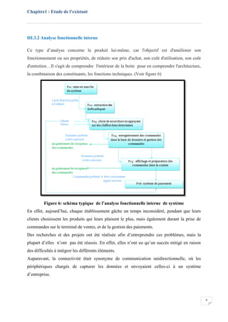 Chapitre1 : Etude de l’existant
8
III.3.2 Analyse fonctionnelle interne
Ce type d’analyse concerne le produit lui-même, car l'objectif est d'améliorer son
fonctionnement ou ses propriétés, de réduire son prix d'achat, son coût d'utilisation, son coût
d'entretien…Il s'agit de comprendre l'intérieur de la boite pour en comprendre l'architecture,
la combinaison des constituants, les fonctions techniques. (Voir figure 6)
Figure 6: schéma typique de l’analyse fonctionnelle interne de système
En effet, aujourd’hui, chaque établissement gâche un temps inconsidéré, pendant que leurs
clients choisissent les produits qui leurs plaisent le plus, mais également durant la prise de
commandes sur le terminal de ventes, et de la gestion des paiements.
Des recherches et des projets ont été réalisée afin d’entreprendre ces problèmes, mais la
plupart d’elles n’ont pas été réussis. En effet, elles n’ont eu qu’un succès mitigé en raison
des difficultés à intégrer les différents éléments.
Auparavant, la connectivité était synonyme de communication unidirectionnelle, où les
périphériques chargés de capturer les données et envoyaient celles-ci à un système
d’entreprise.
 