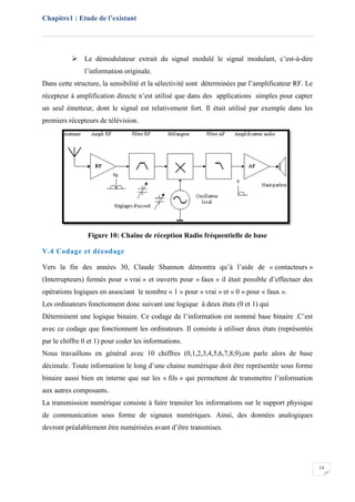 Chapitre1 : Etude de l’existant
14
 Le démodulateur extrait du signal modulé le signal modulant, c’est-à-dire
l’information originale.
Dans cette structure, la sensibilité et la sélectivité sont déterminées par l’amplificateur RF. Le
récepteur à amplification directe n’est utilisé que dans des applications simples pour capter
un seul émetteur, dont le signal est relativement fort. Il était utilisé par exemple dans les
premiers récepteurs de télévision.
Figure 10: Chaîne de réception Radio fréquentielle de base
V.4 Codage et décodage
Vers la fin des années 30, Claude Shannon démontra qu’à l’aide de « contacteurs »
(Interrupteurs) fermés pour « vrai » et ouverts pour « faux » il était possible d’effectuer des
opérations logiques en associant le nombre « 1 » pour « vrai » et « 0 » pour « faux ».
Les ordinateurs fonctionnent donc suivant une logique à deux états (0 et 1) qui
Déterminent une logique binaire. Ce codage de l’information est nommé base binaire .C’est
avec ce codage que fonctionnent les ordinateurs. Il consiste à utiliser deux états (représentés
par le chiffre 0 et 1) pour coder les informations.
Nous travaillons en général avec 10 chiffres (0,1,2,3,4,5,6,7,8,9),on parle alors de base
décimale. Toute information le long d’une chaine numérique doit être représentée sous forme
binaire aussi bien en interne que sur les « fils » qui permettent de transmettre l’information
aux autres composants.
La transmission numérique consiste à faire transiter les informations sur le support physique
de communication sous forme de signaux numériques. Ainsi, des données analogiques
devront préalablement être numérisées avant d’être transmises.
 
