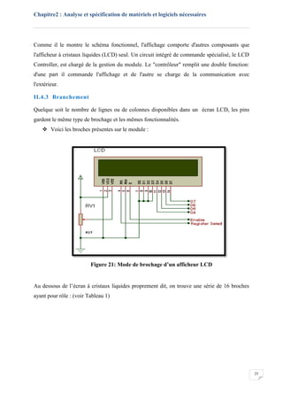 Chapitre2 : Analyse et spécification de matériels et logiciels nécessaires
25
Comme il le montre le schéma fonctionnel, l'affichage comporte d'autres composants que
l'afficheur à cristaux liquides (LCD) seul. Un circuit intégré de commande spécialisé, le LCD
Controller, est chargé de la gestion du module. Le "contrôleur" remplit une double fonction:
d'une part il commande l'affichage et de l'autre se charge de la communication avec
l'extérieur.
II.4.3 Branchement
Quelque soit le nombre de lignes ou de colonnes disponibles dans un écran LCD, les pins
gardent le même type de brochage et les mêmes fonctionnalités.
 Voici les broches présentes sur le module :
Figure 21: Mode de brochage d’un afficheur LCD
Au dessous de l’écran à cristaux liquides proprement dit, on trouve une série de 16 broches
ayant pour rôle : (voir Tableau 1)
 