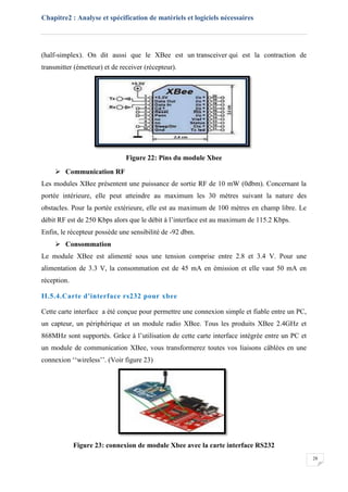 Chapitre2 : Analyse et spécification de matériels et logiciels nécessaires
28
(half-simplex). On dit aussi que le XBee est un transceiver qui est la contraction de
transmitter (émetteur) et de receiver (récepteur).
Figure 22: Pins du module Xbee
 Communication RF
Les modules XBee présentent une puissance de sortie RF de 10 mW (0dbm). Concernant la
portée intérieure, elle peut atteindre au maximum les 30 mètres suivant la nature des
obstacles. Pour la portée extérieure, elle est au maximum de 100 mètres en champ libre. Le
débit RF est de 250 Kbps alors que le débit à l’interface est au maximum de 115.2 Kbps.
Enfin, le récepteur possède une sensibilité de -92 dbm.
 Consommation
Le module XBee est alimenté sous une tension comprise entre 2.8 et 3.4 V. Pour une
alimentation de 3.3 V, la consommation est de 45 mA en émission et elle vaut 50 mA en
réception.
II.5.4.Carte d'interface rs232 pour xbee
Cette carte interface a été conçue pour permettre une connexion simple et fiable entre un PC,
un capteur, un périphérique et un module radio XBee. Tous les produits XBee 2.4GHz et
868MHz sont supportés. Grâce à l’utilisation de cette carte interface intégrée entre un PC et
un module de communication XBee, vous transformerez toutes vos liaisons câblées en une
connexion ‘‘wireless’’. (Voir figure 23)
Figure 23: connexion de module Xbee avec la carte interface RS232
 