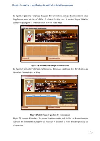 Chapitre2 : Analyse et spécification de matériels et logiciels nécessaires
31
La figure 27 présente l’interface d’accueil de l’application .Lorsque l’administrateur lance
l’application, cette interface s’affiche .Il a besoin de faire entrer le numéro du port COM de
connexion pour gérer la communication avec les autres xbee.
Figure 28: interface affichage de commandes
La figure 28 présente l’interface d’affichage de demandes à préparer, lors de validation de
l’interface Demande sera affichée.
Figure 29: interface de gestion des commandes
Figure 29 présente l’interface de gestion des commandes, qui facilite au l’administrateur
l’envoie des commandes à préparer au cuisinier et informer le client de la réception de ses
commandes.
 