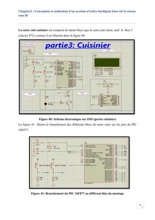 Chapitre3 : Conception et réalisation d’un système d’ordre intelligent basé sur le réseau
sans fil
42
La carte coté cuisinier est composé de même blocs que la carte coté client, sauf le bloc 3
(clavier 4*3), comme il est illustrée dans la figure 40.
Figure 40: Schéma électronique sur ISIS (partie cuisinier)
La figure 41 illustre le branchement des différents blocs de notre carte sur les pins du PIC
16F877.
Figure 41: Branchement du PIC 16F877 au différent bloc du montage
 