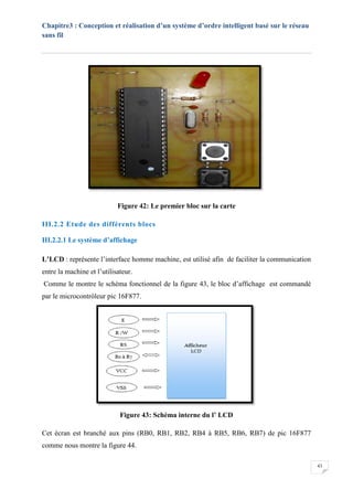 Chapitre3 : Conception et réalisation d’un système d’ordre intelligent basé sur le réseau
sans fil
43
Figure 42: Le premier bloc sur la carte
III.2.2 Etude des différents blocs
III.2.2.1 Le système d’affichage
L’LCD : représente l’interface homme machine, est utilisé afin de faciliter la communication
entre la machine et l’utilisateur.
Comme le montre le schéma fonctionnel de la figure 43, le bloc d’affichage est commandé
par le microcontrôleur pic 16F877.
Figure 43: Schéma interne du l’ LCD
Cet écran est branché aux pins (RB0, RB1, RB2, RB4 à RB5, RB6, RB7) de pic 16F877
comme nous montre la figure 44.
 