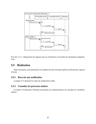 FIGURE 5.12 – Diagramme de séquence du cas d’utilisation «Consulter les demandes d’approba-
tion»
5.5 Réalisation
Dans cette partie, nous présentons les modules de notre troisième sprint en utilisant des captures
d’écran.
5.5.1 Recevoir une notification
La figure 5.17 présente le centre de notifications unifié.
5.5.2 Consulter les processus métiers
La figure 5.18 présente l’interface permettant aux administrateurs de consulter les workflows
métiers.
83
 