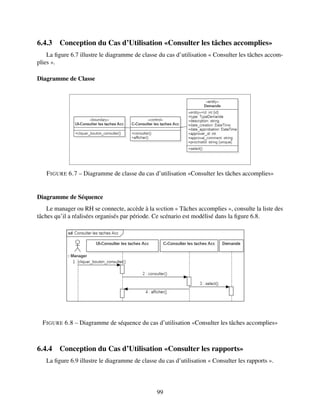 6.4.3 Conception du Cas d’Utilisation «Consulter les tâches accomplies»
La figure 6.7 illustre le diagramme de classe du cas d’utilisation « Consulter les tâches accom-
plies ».
Diagramme de Classe
FIGURE 6.7 – Diagramme de classe du cas d’utilisation «Consulter les tâches accomplies»
Diagramme de Séquence
Le manager ou RH se connecte, accède à la sеction « Tâches accomplies », consulte la liste des
tâches qu’il a réalisées organisés par période. Ce scénario est modélisé dans la figure 6.8.
FIGURE 6.8 – Diagramme de séquence du cas d’utilisation «Consulter les tâches accomplies»
6.4.4 Conception du Cas d’Utilisation «Consulter les rapports»
La figure 6.9 illustre le diagramme de classe du cas d’utilisation « Consulter les rapports ».
99
 