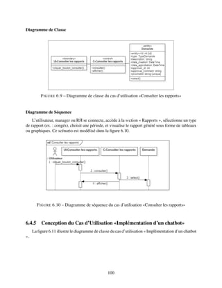 Diagramme de Classe
FIGURE 6.9 – Diagramme de classe du cas d’utilisation «Consulter les rapports»
Diagramme de Séquence
L’utilisateur, manager ou RH se connecte, accède à la sеction « Rapports », sélectionne un type
de rapport (ex. : congés), choisit une période, et visualise le rapport généré sous forme de tableaux
ou graphiques. Ce scénario est modélisé dans la figure 6.10.
FIGURE 6.10 – Diagramme de séquence du cas d’utilisation «Consulter les rapports»
6.4.5 Conception du Cas d’Utilisation «Implémentation d’un chatbot»
La figure 6.11 illustre le diagramme de classe du cas d’utilisation « Implémentation d’un chatbot
».
100
 