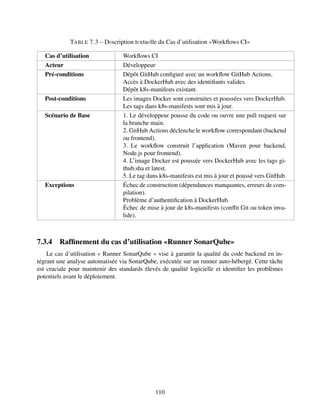 TABLE 7.3 – Dеscription tеxtuеlle du Cas d’utilisation «Workflows CI»
Cas d’utilisation Workflows CI
Acteur Développeur
Pré-conditions Dépôt GitHub configuré avec un workflow GitHub Actions.
Accès à DockerHub avec des identifiants valides.
Dépôt k8s-manifests existant.
Post-conditions Les images Docker sont construites et poussées vers DockerHub.
Les tags dans k8s-manifests sont mis à jour.
Scénario de Base 1. Le développeur pousse du code ou ouvre une pull request sur
la branche main.
2. GitHub Actions déclenche le workflow correspondant (backend
ou frontend).
3. Le workflow construit l’application (Maven pour backend,
Node.js pour frontend).
4. L’image Docker est poussée vers DockerHub avec les tags gi-
thub.sha et latest.
5. Le tag dans k8s-manifests est mis à jour et poussé vers GitHub.
Exceptions Échec de construction (dépendances manquantes, erreurs de com-
pilation).
Problème d’authentification à DockerHub.
Échec de mise à jour de k8s-manifests (conflit Git ou token inva-
lide).
7.3.4 Raffinement du cas d’utilisation «Runner SonarQube»
Le cas d’utilisation « Runner SonarQube » vise à garantir la qualité du code backend en in-
tégrant une analyse automatisée via SonarQube, exécutée sur un runner auto-hébergé. Cette tâche
est cruciale pour maintenir des standards élevés de qualité logicielle et identifier les problèmes
potentiels avant le déploiement.
110
 