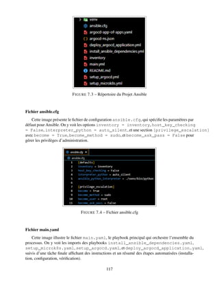 FIGURE 7.3 – Répertoire du Projet Ansible
Fichier ansible.cfg
Cette image présente le fichier de configuration ansible.cfg, qui spécifie les paramètres par
défaut pour Ansible. On y voit les options inventory = inventory, host_key_checking
= False, interpreter_python = auto_silent, et une section [privilege_escalation]
avec become = True, become_method = sudo, et become_ask_pass = False pour
gérer les privilèges d’administration.
FIGURE 7.4 – Fichier ansible.cfg
Fichier main.yaml
Cette image illustre le fichier main.yaml, le playbook principal qui orchestre l’ensemble du
processus. On y voit les imports des playbooks install_ansible_dependencies.yaml,
setup_microk8s.yaml, setup_argocd.yaml, et deploy_argocd_application.yaml,
suivis d’une tâche finale affichant des instructions et un résumé des étapes automatisées (installa-
tion, configuration, vérification).
117
 