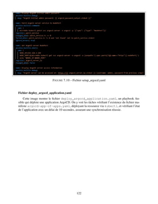 FIGURE 7.10 – Fichier setup_argocd.yaml
Fichier deploy_argocd_application.yaml
Cette image montre le fichier deploy_argocd_application.yaml, un playbook An-
sible qui déploie une application ArgoCD. On y voit les tâches vérifiant l’existence du fichier ma-
nifeste argocd-app-of-apps.yaml, déployant la ressource via kubectl, et vérifiant l’état
de l’application avec un délai de 10 secondes, assurant une synchronisation réussie.
122
 