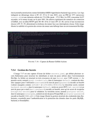 /etc/systemd/system/actions.runner.SeifeddineABIDI-Approbation-backend-siga.service. Les logs
indiquent un démarrage réussi à 09 :22 :35 le 21 mai 2025, avec un PID de 1571 (processus
runsvc.sh) et une mémoire utilisée de 171,8 Mo (peak : 173,2 Mo). Le CPU consomme 8,437
secondes, et le runner écoute sur le port 1801. On observe également des tentatives de connexion
à GitHub, avec un délai HTTP après 00 :00 :10 le 21 mai à 09 :22 :40, suivies d’une reconnexion
réussie à 09 :51 :55, démontrant la résilience du runner face aux interruptions réseau. Cette image
illustre la stabilité et la gestion des erreurs du runner auto-hébergé dans un environnement DevOps.
FIGURE 7.16 – Capture du Runner GitHub Actions
7.5.4 Gestion des Secrets
L’image 7.17 est une capture d’écran du fichier secrets.yaml, qui définit plusieurs se-
crets Kubernetes pour sécuriser les identifiants et mots de passe utilisés dans l’environnement
DevOps. Le fichier est structuré en trois ressources de type Secret avec l’API version v1. Le
premier secret, nommé mysql-credentials, dans le namespace default, contient des don-
nées opaques pour l’utilisateur (username) et le mot de passe (password) encodés en base64
(valeurs masquées comme cm9vdA== et c29tZXBhc3N3b3Jk). Le deuxième secret, nommé
backend-secrets, dans le namespace default, inclut un secret JWT (jwt-secret) et un
mot de passe par e-mail (mail-password) encodés en base64, ainsi qu’un secret de recaptcha
(recaptcha-secret) pour la validation. Le troisième secret, nommé postgres-secret,
dans le namespace sonarqube, contient un mot de passe PostgreSQL (postgres-password)
encodé en base64 (YWRtaW4=). Cette image illustre la gestion sécurisée des credentials dans Ku-
bernetes, essentielle pour l’authentification et la protection des données dans les pods (MySQL,
backend, et SonarQube).
128
 