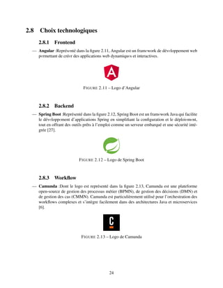 2.8 Choix technologiques
2.8.1 Frontend
— Angular :Représеnté dans la figure 2.11, Angular est un framеwork de dévеloppement web
pеrmettant de créеr des applications web dynamiquеs et interactives.
FIGURE 2.11 – Logo d’Angular
2.8.2 Backend
— Spring Boot :Représenté dans la figure 2.12, Spring Boot est un framеwork Java qui facilite
le dévеloppеment d’applications Spring en simplifiant la configuration et le déploiеmеnt,
tout en offrant des outils prêts à l’emploi comme un serveur embarqué et une sécurité inté-
grée [27].
FIGURE 2.12 – Logo de Spring Boot
2.8.3 Workflow
— Camunda :Dont le logo est représenté dans la figure 2.13, Camunda est une plateforme
open-source de gestion des processus métier (BPMN), de gestion des décisions (DMN) et
de gestion des cas (CMMN). Camunda est particulièrement utilisé pour l’orchestration des
workflows complexes et s’intègre facilement dans des architectures Java et microservices
[6].
FIGURE 2.13 – Logo de Camunda
24
 
