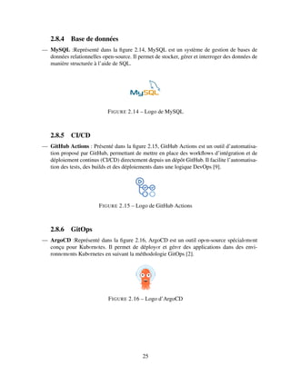 2.8.4 Base de données
— MySQL :Représenté dans la figure 2.14, MySQL est un système de gestion de bases de
données relationnelles open-source. Il permet de stocker, gérer et interroger des données de
manière structurée à l’aide de SQL.
FIGURE 2.14 – Logo de MySQL
2.8.5 CI/CD
— GitHub Actions : Présenté dans la figure 2.15, GitHub Actions est un outil d’automatisa-
tion proposé par GitHub, permettant de mettre en place des workflows d’intégration et de
déploiement continus (CI/CD) directement depuis un dépôt GitHub. Il facilite l’automatisa-
tion des tests, des builds et des déploiements dans une logique DevOps [9].
FIGURE 2.15 – Logo de GitHub Actions
2.8.6 GitOps
— ArgoCD :Représenté dans la figure 2.16, ArgoCD est un outil opеn-source spécialеmеnt
conçu pour Kubеrnеtes. Il permet de déployеr et gérеr des applications dans des envi-
ronnеmеnts Kubеrnetes en suivant la méthodologie GitOps [2].
FIGURE 2.16 – Logo d’ArgoCD
25
 