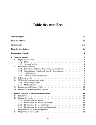 Table des matières
Table des figures xi
Liste des tableaux xv
Terminologie xvii
Liste des abréviations xix
Introduction générale 1
1 Contexte général 3
1.1 Organisme d’accueil . . . . . . . . . . . . . . . . . . . . . . . . . . . . . . . . . 3
1.1.1 SIGA . . . . . . . . . . . . . . . . . . . . . . . . . . . . . . . . . . . . . 3
1.1.2 Secteur d’activité . . . . . . . . . . . . . . . . . . . . . . . . . . . . . . . 4
1.2 Présentation du Projet . . . . . . . . . . . . . . . . . . . . . . . . . . . . . . . . . 4
1.2.1 Présentation du Portail de Gestion des Approbations . . . . . . . . . . . . 4
1.2.2 Spécificités du Portail de Gestion des Approbations . . . . . . . . . . . . . 5
1.2.3 Problématique . . . . . . . . . . . . . . . . . . . . . . . . . . . . . . . . 5
1.2.4 Situation actuelle et Critiques . . . . . . . . . . . . . . . . . . . . . . . . 5
1.3 Solution proposée . . . . . . . . . . . . . . . . . . . . . . . . . . . . . . . . . . . 6
1.4 Méthodologie de gestion de projet . . . . . . . . . . . . . . . . . . . . . . . . . . 8
1.4.1 Méthodologies agiles . . . . . . . . . . . . . . . . . . . . . . . . . . . . . 8
1.4.2 Méthode Scrum . . . . . . . . . . . . . . . . . . . . . . . . . . . . . . . 8
1.5 Langage de modélisation : UML . . . . . . . . . . . . . . . . . . . . . . . . . . . 11
1.6 Outils adoptés pour la gestion de projet . . . . . . . . . . . . . . . . . . . . . . . 11
2 Sprint 0 : Analyse et Spécification des besoins 13
2.1 Introduction . . . . . . . . . . . . . . . . . . . . . . . . . . . . . . . . . . . . . . 13
2.2 Capture des besoins . . . . . . . . . . . . . . . . . . . . . . . . . . . . . . . . . . 13
2.2.1 Identification des acteurs . . . . . . . . . . . . . . . . . . . . . . . . . . . 13
2.2.2 Identification des besoins fonctionnels . . . . . . . . . . . . . . . . . . . . 14
2.2.3 Identification des cas d’utilisation . . . . . . . . . . . . . . . . . . . . . . 15
2.2.4 Identification des besoins non fonctionnels . . . . . . . . . . . . . . . . . 16
2.3 Diagramme de cas d’utilisation globale . . . . . . . . . . . . . . . . . . . . . . . 17
2.4 Diagramme de classe global . . . . . . . . . . . . . . . . . . . . . . . . . . . . . 18
vii
 