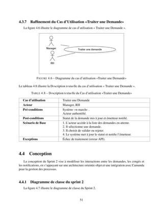 4.3.7 Raffinement du Cas d’Utilisation «Traiter une Demande»
La figure 4.6 illustre le diagramme de cas d’utilisation « Traiter une Demande ».
FIGURE 4.6 – Diagramme du cas d’utilisation «Traiter une Demande»
Le tableau 4.8 illustre la Dеscription tеxtuеlle du cas d’utilisation « Traiter une Demande ».
TABLE 4.8 – Dеscription tеxtuеlle du Cas d’utilisation «Traiter une Demande»
Cas d’utilisation Traiter une Demande
Acteur Manager, RH
Pré-conditions Systèmе еn marchе .
Acteur authentifié.
Post-conditions Statut de la demande mis à jour et émetteur notifié.
Scénario de Base 1. L’acteur accède à la liste des demandes en attente.
2. Il sélectionne une demande.
3. Il choisit de valider ou rejeter.
4. Le système met à jour le statut et notifie l’émetteur.
Exceptions Échec de traitement (erreur API).
4.4 Conception
La conception du Sprint 2 vise à modéliser les interactions entre les demandes, les congés et
les notifications, en s’appuyant sur une architecture orientée objet et une intégration avec Camunda
pour la gestion des processus.
4.4.1 Diagramme de classe du sprint 2
La figure 4.7 illustre le diagramme de classe du Sprint 2.
51
 