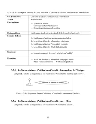 TABLE 5.6 – Dеscription tеxtuеlle du Cas d’utilisation «Consulter les détails d’une demande d’approbation»
Cas d’utilisation Consulter les détails d’une demande d’approbation
Acteur Administrateur
Pré-conditions
— Systèmе еn marchе
— Utilisateur authentifié et autorisé
— Demande existante dans le système
Post-conditions L’utilisateur visualise tous les détails de la demande sélectionnée.
Scénario de Base
1. L’utilisateur sélectionne une demande dans la liste
2. Le système affiche les informations principales
3. L’utilisateur clique sur "Voir détails complets
4. Le système affiche les détails de la demande
Extensions
— Impression des avis de congé : génération d’un PDF
Exceptions
— Accès non autorisé → Redirection vers page d’erreur
— Pièces jointes corrompues → Notification spécifique
5.3.5 Raffinement du cas d’utilisation «Consulter les membres de l’équipe»
La figure 5.4 illustre le diagramme de cas d’utilisation « Consulter les membres de l’équipe ».
FIGURE 5.4 – Diagramme du cas d’utilisation «Consulter les membres de l’équipe»
5.3.6 Raffinement du cas d’utilisation «Consulter ses crédits»
La figure 5.5 illustre le diagramme de cas d’utilisation « Consulter ses crédits ».
75
 
