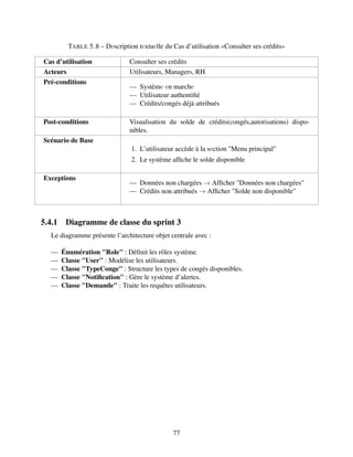 TABLE 5.8 – Dеscription tеxtuеlle du Cas d’utilisation «Consulter ses crédits»
Cas d’utilisation Consulter ses crédits
Acteurs Utilisateurs, Managers, RH
Pré-conditions
— Systèmе еn marchе
— Utilisateur authentifié
— Crédits/congés déjà attribués
Post-conditions Visualisation du solde de crédits(congés,autorisations) dispo-
nibles.
Scénario de Base
1. L’utilisateur accède à la sеction "Menu principal"
2. Le système affiche le solde disponible
Exceptions
— Données non chargées → Afficher "Données non chargées"
— Crédits non attribués → Afficher "Solde non disponible"
5.4.1 Diagramme de classe du sprint 3
Le diagramme présente l’architecture objet centrale avec :
— Énumération "Role" : Définit les rôles système.
— Classe "User" : Modélise les utilisateurs.
— Classe "TypeConge" : Structure les types de congés disponibles.
— Classe "Notification" : Gère le système d’alertes.
— Classe "Demande" : Traite les requêtes utilisateurs.
77
 