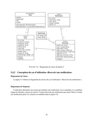 FIGURE 5.6 – Diagramme de classe du Sprint 3
5.4.2 Conception du cas d’utilisation «Recevoir une notification»
Diagramme de Classe
La figure 5.7 illustre le diagramme de classes du cas d’utilisation « Recevoir une notification ».
Diagramme de Séquence
L’utilisateur déclenche une action qui initialise une notification via le contrôleur. Le contrôleur
charge les données, envoie un email si l’action nécessite une notification par email. Sinon, il insère
une notification push. Ce scénario est modélisé dans la figure 5.8.
78
 