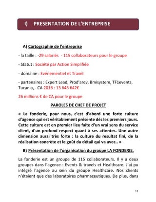   11	
  
	
  
A)  Cartographie	
  de	
  l’entreprise	
  	
  
-­‐	
  la	
  taille	
  :	
  -­‐29	
  salariés -­‐	
  115	
  collaborateurs	
  pour	
  le	
  groupe	
  	
  
-­‐	
  Statut	
  :	
  Société	
  par	
  Action	
  Simplifiée 	
  
-­‐	
  domaine	
  :	
  Evénementiel	
  et	
  Travel 	
  
-­‐	
  partenaires	
  :	
  Expert	
  Lead,	
  Prod’arev,	
  Bmisystem,	
  TF1events,	
  
Tucania,	
  -­‐	
  CA	
  2016	
  :	
  13	
  643	
  642€	
  	
  
26	
  millions	
  €	
  de	
  CA	
  pour	
  le	
  groupe	
  	
  
PAROLES	
  DE	
  CHEF	
  DE	
  PROJET	
  
«	
   La	
   fonderie,	
   pour	
   nous,	
   c’est	
   d’abord	
   une	
   forte	
   culture	
  
d’agence	
  qui	
  est	
  véritablement	
  présente	
  dès	
  les	
  premiers	
  jours.	
  
Cette	
  culture	
  est	
  en	
  premier	
  lieu	
  faite	
  d’un	
  vrai	
  sens	
  du	
  service	
  
client,	
  d’un	
  profond	
  respect	
  quant	
  à	
  ses	
  attentes.	
  Une	
  autre	
  
dimension	
   aussi	
   très	
   forte	
   :	
   la	
   culture	
   du	
   resultat	
   fini,	
   de	
   la	
  
réalisation	
  concrète	
  et	
  le	
  goût	
  du	
  détail	
  qui	
  va	
  avec..	
  »	
  	
  
B)  Présentation	
  de	
  l’organisation	
  du	
  groupe	
  LA	
  FONDERIE.	
  
La	
   fonderie	
   est	
   un	
   groupe	
   de	
   115	
   collaborateurs.	
   Il	
   y	
   a	
   deux	
  
groupes	
  dans	
  l’agence	
  :	
  Events	
  &	
  travels	
  et	
  Healthcare.	
  J’ai	
  pu	
  
intégré	
   l’agence	
   au	
   sein	
   du	
   groupe	
   Healthcare.	
   Nos	
   clients	
  
n’étaient	
  que	
  des	
  laboratoires	
  pharmaceutiques.	
  De	
  plus,	
  dans	
  
I) PRESENTATION	
  DE	
  L’ENTREPRISE	
  	
  
	
  	
  
 