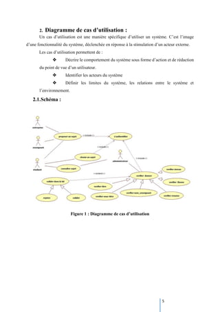 5
2. Diagramme de cas d’utilisation :
Un cas d’utilisation est une manière spécifique d’utiliser un système. C’est l’image
d’une fonctionnalité du système, déclenchée en réponse à la stimulation d’un acteur externe.
Les cas d’utilisation permettent de :
 Décrire le comportement du système sous forme d’action et de rédaction
du point de vue d’un utilisateur.
 Identifier les acteurs du système
 Définir les limites du système, les relations entre le système et
l’environnement.
2.1.Schéma :
Figure 1 : Diagramme de cas d’utilisation
 