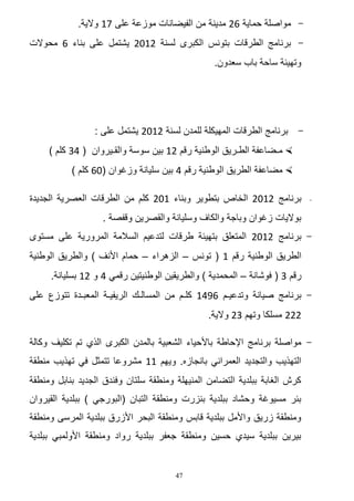 ‫ مواصلة حماٌة 44 مدٌنة من الفٌضانات موزعة على 50 والٌة.‬‫ برنامج الطرقات بتونس الكبرى لسنة 4014 ٌشتمل على بناء 4 محوالت‬‫وتهٌئة ساحة باب سعدون.‬

‫ برنامج الطرقات المهٌكلة للمدن لسنة 4014 ٌشتمل على :‬‫‪ ‬مـضاعفة الطـرٌق الوطنٌة رقم 40 بٌن سوسة والقـٌروان ( 22 كلم )‬
‫‪ ‬مضاعفة الطرٌق الوطنٌة رقم 2 بٌن سلٌانة وزؼوان (14 كلم )‬
‫-‬

‫برنامج 4014 الخاص بتطوٌر وبناء 014 كلم من الطرقات العصرٌة الجدٌدة‬
‫بوالٌات زؼوان وباجة والكاؾ وسلٌانة والقصرٌن وقفصة .‬

‫ برنامج 4014 المتعلق بتهٌئة طرقات لتدعٌم السالمة المرورٌة على مستوى‬‫الطرٌق الوطنٌة رقم 0 ( تونس – الزهراء – حمام األنؾ ) والطرٌق الوطنٌة‬
‫رقم 2 ( فوشانة – المحمدٌة ) والطرٌقٌن الوطنٌتٌن رقمً 2 و 40 بسلٌانة.‬
‫ برنامج صٌانة وتدعٌـم 4720 كلـم من المسالـك الرٌفٌـة المعبـدة تتوزع على‬‫444 مسلكا وتهم 24 والٌة.‬
‫ مواصلة برنامج اإلحاطة باألحٌاء الشعبٌة بالمدن الكبرى الذي تم تكلٌؾ وكالة‬‫التهذٌب والتجدٌد العمرانً بانجازه. وٌهم 00 مشروعا تتمثل فً تهذٌب منطقة‬
‫كرش الؽابة ببلدٌة التضامن المنٌهلة ومنطقة سلتان وفندق الجدٌد بنابل ومنطقة‬
‫بئر مسٌوؼة وحشاد ببلدٌة بنزرت ومنطقة التبان (البورجً ) ببلدٌة القٌروان‬
‫ومنطقة زرٌق واألمل ببلدٌة قابس ومنطقة البحر األزرق ببلدٌة المرسى ومنطقة‬
‫بٌرٌن ببلدٌة سٌدي حسٌن ومنطقة جعفر ببلدٌة رواد ومنطقة األولمبً ببلدٌة‬

‫74‬

 