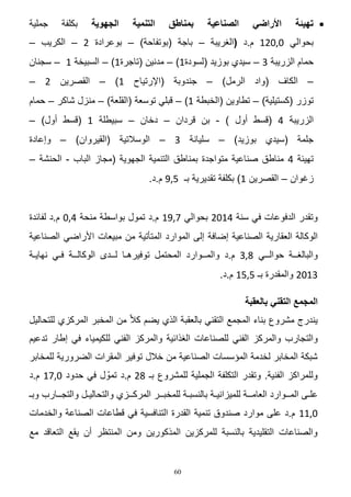 ‫‪ ‬تهيئة‬

‫األراضي‬

‫الصناعية‬

‫بمناطق‬

‫التنمية‬

‫الجهوية‬

‫بكلفة‬

‫جملٌة‬

‫بحوالً 12140 م.د (الؽرٌبة – باجة (بوتفاحة) – بوعرادة 4 – الكرٌب –‬
‫حمام الزرٌبة 2 – سٌدي بوزٌد (لسودة0) – مدنٌن (تاجرة0) – السبٌخة 0 – سجنان‬
‫– الكاؾ (واد الرمل) – جندوبة (اإلرتٌاح 0) – القصرٌن 4 –‬
‫توزر (كستٌلٌة) – تطاوٌن (الخبطة 0) – قبلً توسعة (القلعة) – منزل شاكر – حمام‬
‫الزرٌبة 2 (قسط أول ) - بن قردان – دخان – سبٌطلة 0 (قسط أول) –‬
‫جلمة (سٌدي بوزٌد) – سلٌانة 2 – الوسالتٌة (القٌروان) – وإعادة‬
‫تهٌئة 2 مناطق صناعٌة متواجدة بمناطق التنمٌة الجهوٌة (مجاز الباب - الحنشة –‬
‫زؼوان – القصرٌن 0) بكلفة تقدٌرٌة بـ 327 م.د.‬

‫وتقدر الدفوعات فً سنة 2014 بحوالً 5270 م.د تمول بواسطة منحة 221 م.د لفائدة‬
‫الوكالة العقارٌة الصناعٌة إضافة إلى الموارد المتؤتٌة من مبٌعات األراضً الصناعٌة‬
‫والبالؽــة حوالــً 622 م.د والمــوارد المحتمل توفٌرهـا لــدى الوكالــة فـً نهاٌـة‬
‫2014 والمقدرة بـ 3230 م.د.‬
‫المجمع التقني بالعقبة‬
‫ٌندرج مشروع بناء المجمع التقنً بالعقبة الذي ٌضم كال ّ من المخبر المركزي للتحالٌل‬
‫والتجارب والمركز الفنً للصناعات الؽذائٌة والمركز الفنً للكٌمٌاء فً إطار تدعٌم‬
‫شبكة المخابر لخدمة المإسسات الصناعٌة من خالل توفٌر المقرات الضرورٌة للمخابر‬
‫وللمراكز الفنٌة. وتقدر التكلفة الجملٌة للمشروع بـ 64 م.د تموّ ل فً حدود 1250 م.د‬
‫علـى المــوارد العامــة للمٌزانٌـة بالنسبـة للمخبــر المركــزي والتحالٌـل والتجــارب وبـ‬
‫1200 م.د على موارد صندوق تنمٌة القدرة التنافسٌة فً قطاعات الصناعة والخدمات‬
‫والصناعات التقلٌدٌة بالنسبة للمركزٌن المذكورٌن ومن المنتظر أن ٌقع التعاقد مع‬

‫06‬

 